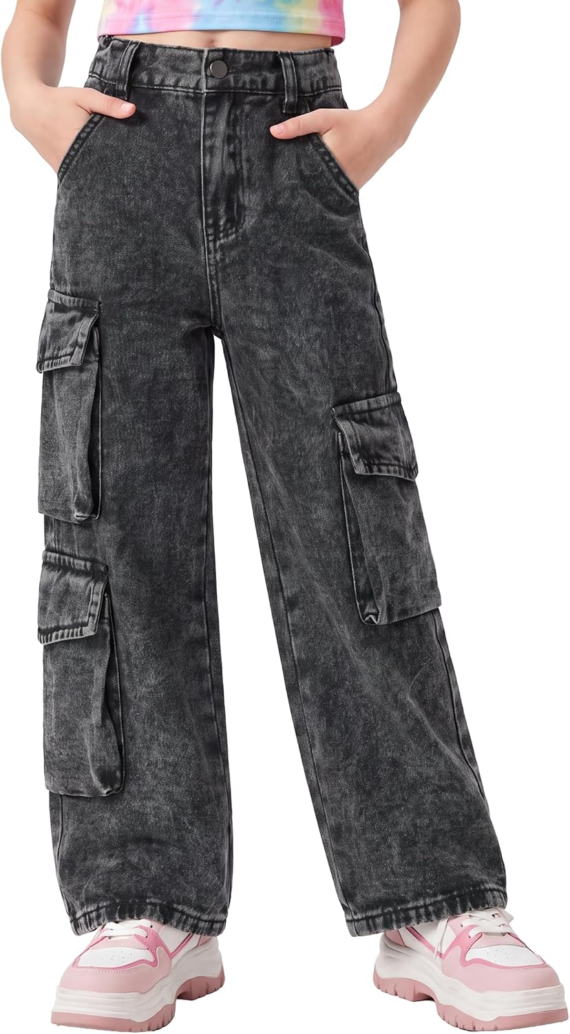 PATPAT Girls Baggy Cargo Jeans 5-14Y Elastic Waist Wide Leg Denim Pants