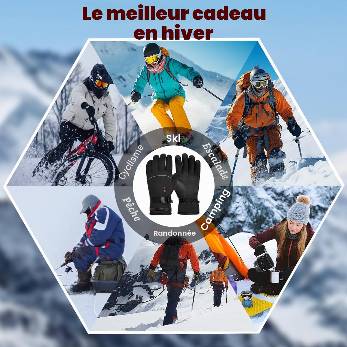 Gants Chauffant avec Batterie Rechargeable 20000mAh 7.4V, 3 Niveaux De Températures Gants Chauffants Électriques pour Homme Femme Gants Chauds pour Moto Ski Vélo Cyclisme