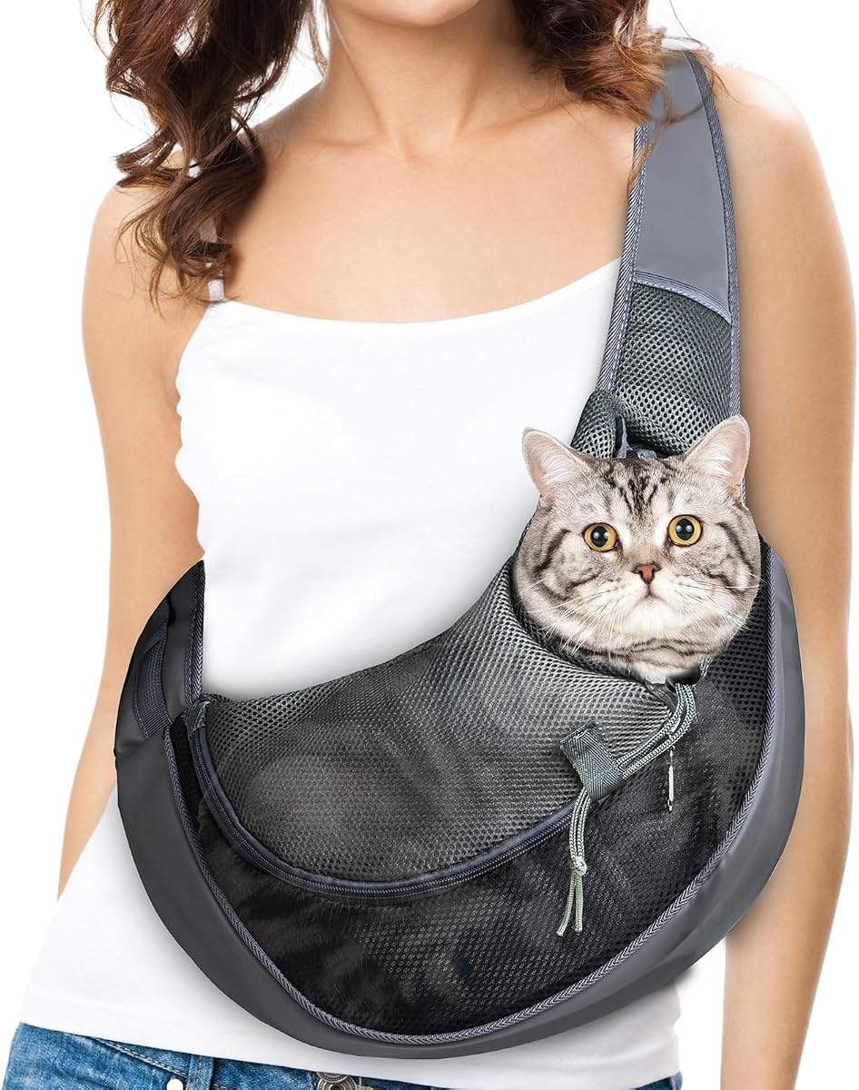 Carrie con cabestrillo para gatos de menos de 11 libras con correa ajustable | Bolsa de malla transpirable para gatos para cortar uñas, visitas veterinarias, viajes en coche al aire libre (gris oscuro, tamaño grande)