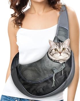Cat Sling Carrier, Soft Cat Carrier Pouch for Cats Under 11 lbs with Adjustable Strap, Breathable Mesh Cat Bag for Nail Trimming Vet Visits Car Travel Outdoor Dark Gray