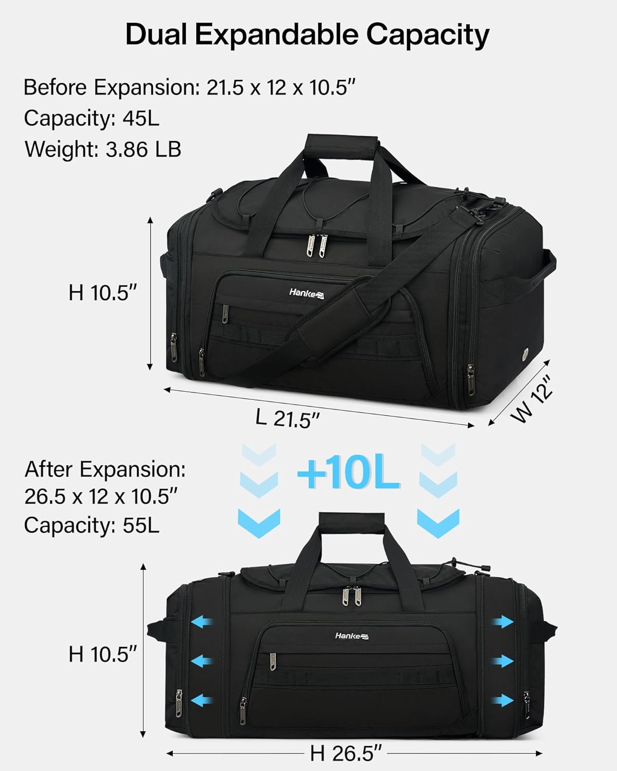 Hanke Duffle Bag for Travel, Dual Expandable 45L-55L Carry On Duffel, 3 In 1 Weekender Tote, Water Resistant Overnight Bag with 15.6" Compartment for Men Women, Black