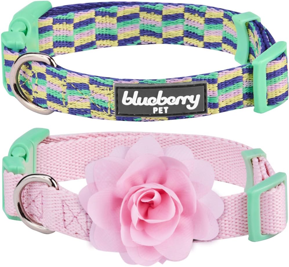 Blueberry Pet Pack of 2 Multiple Patterns Mix and Match Picks Adjustable Dog Collar with Detachable Pink Flower Accessory, Medium, Neck 14.5"-20"