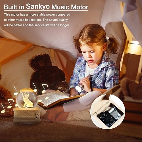Miniatura 10 de Caja de música de bola de cristal 3D con luz LED de proyección y base de madera giratoria, regalo para cumpleaños, Navidad, día de San Valentín,