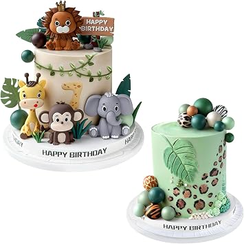 35pcs Safari Animal Cake Topper - Jungle Wild Cake Decorations with Animal Print and Leaves Balls for Safari Animals Theme Birthday Party Decorations