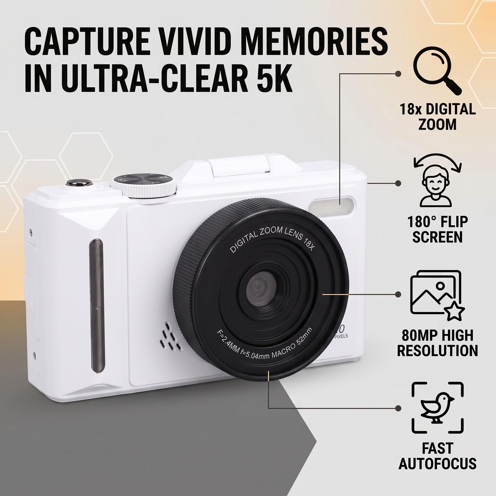 Fotocamera Digitale 5K, Zoom 18X WiFi Schermo Flip 3.0 Pollici, | Videocamera Vlog con Messa a Fuoco Automatica, Risoluzione Foto 80MP, Ideale per Viaggi, Registrazione Mentre Si carica.