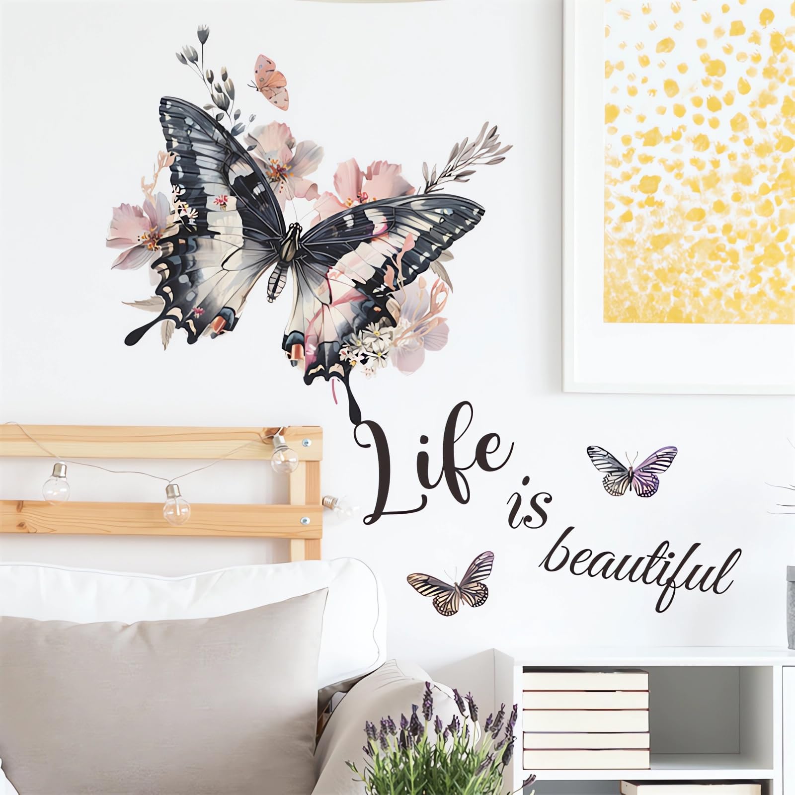 Calcomanías de pared personalizadas de mariposa negra, calcomanías de pared con diseño de mariposas «Life is Beautiful», vinilo extraíble para despegar y pegar para sala de estar,