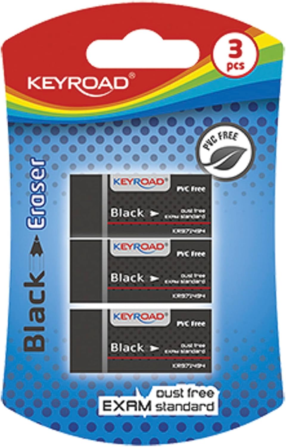 KEYROAD Universal Eraser for Pencil and Colouring Pencil, 3 Pieces, Quick Clean and Stain-Free, Colour: Black, Ideal for School and Office