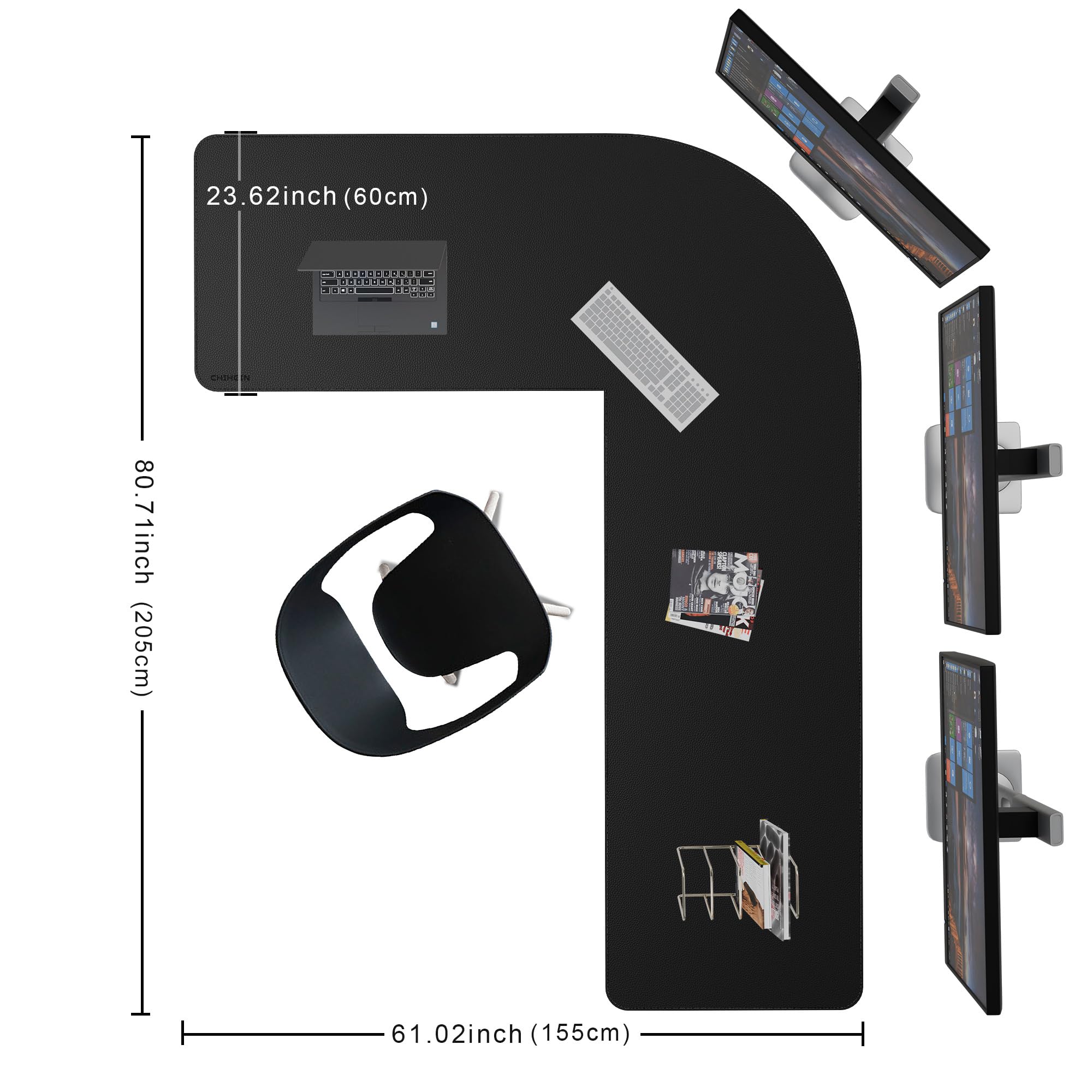 Chihein Sottomano da scrivania in pelle a forma di L, 155 cm x 205 cm x 60 cm, grande tappetino angolare da gioco, superficie antiscivolo, impermeabile, facile da pulire, perfetto per ufficio e casa