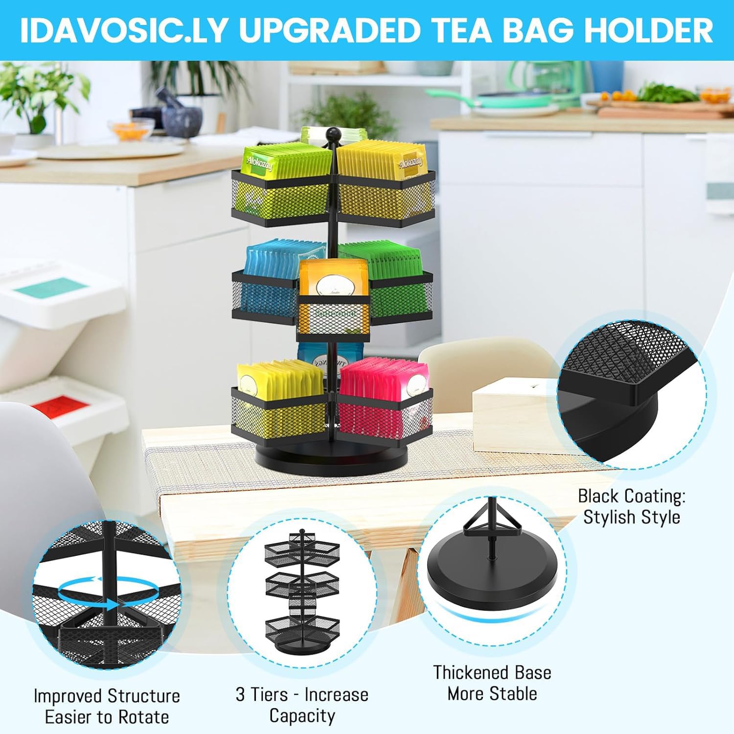 iDavosic.ly Metall Teebeutelhalter, Drehbar Teeboxen für Teebeutel Teebox Groß mit 9 Fächern, Teeregal Teebeutel Aufbewahrungsbox Tee Organizer für 108 Tea Bag (Schwarz)