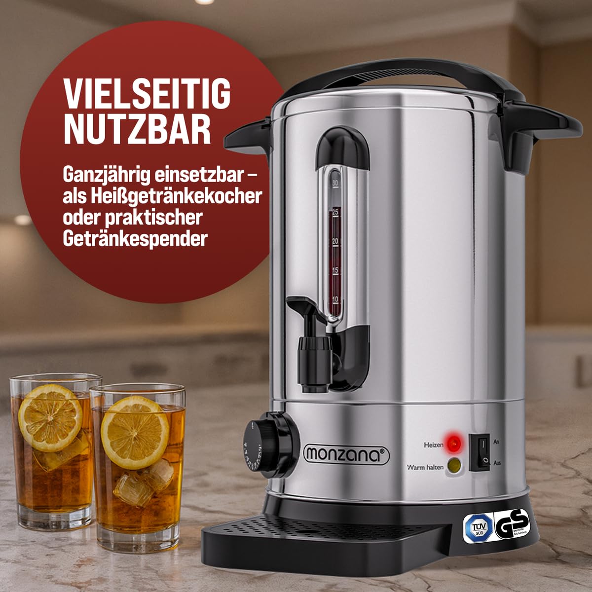 MONZANA Glühweinkocher 6,8L mit Zapfhahn Tropfschale Thermostat 30-110°C Heißgetränkespender Edelstahl Einkocher Punschkocher Heißgetränkeautomat