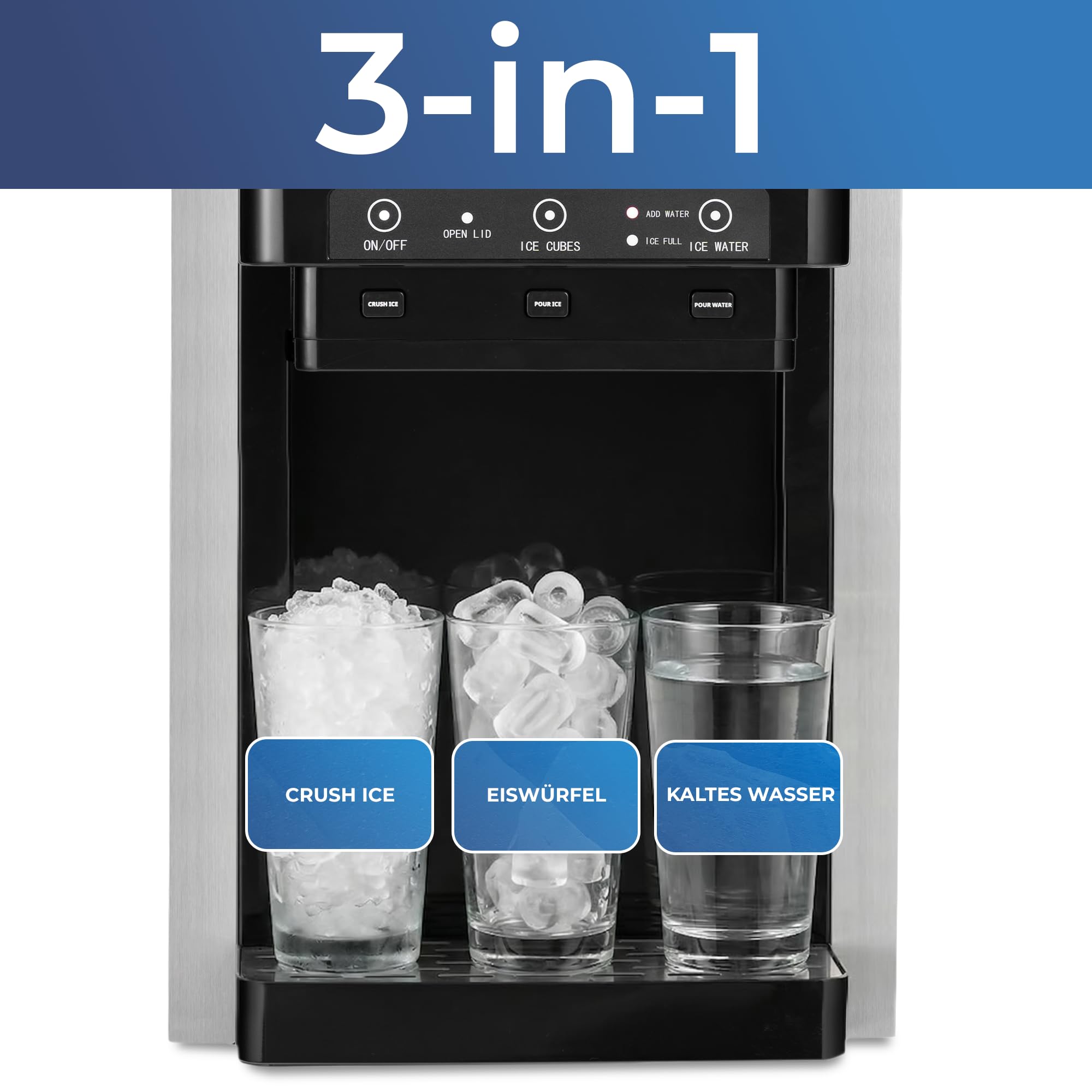 KLAMER 3-in-1 Eiswürfelmaschine, Crushed Ice & Eiswasser, 18–20 kg/24h, Kugeleis 12 Stück in 7 Min, 2,1 L Tank, Ice Maker, Wasserspender, Selbstreinigung