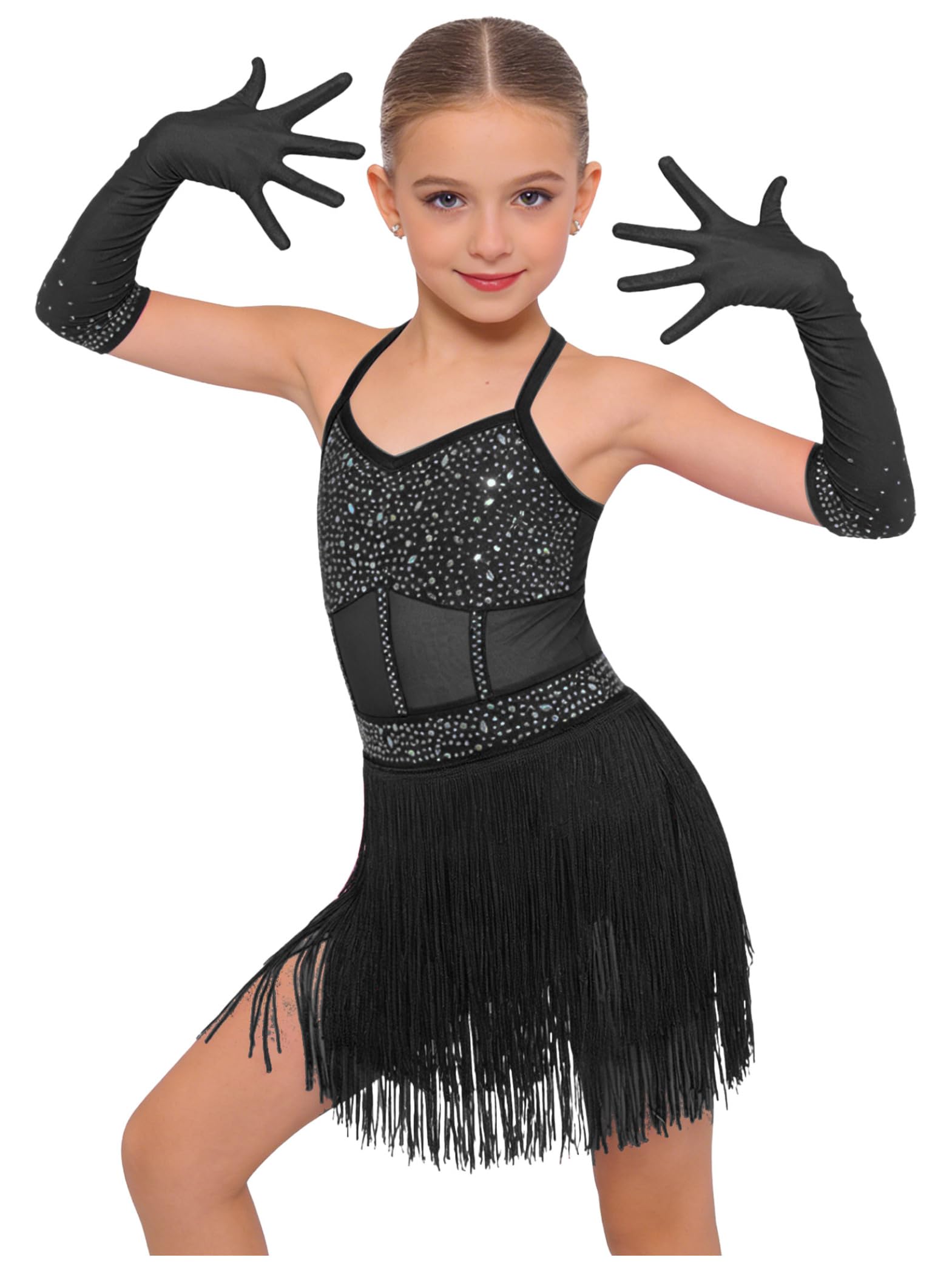 Vestido Baile Latino Niña con Brillo Vestido Charleston con Guantes con Franjilla Brillante Strass Traje Baile Moderno Cha Cha Salsa Y Jazz