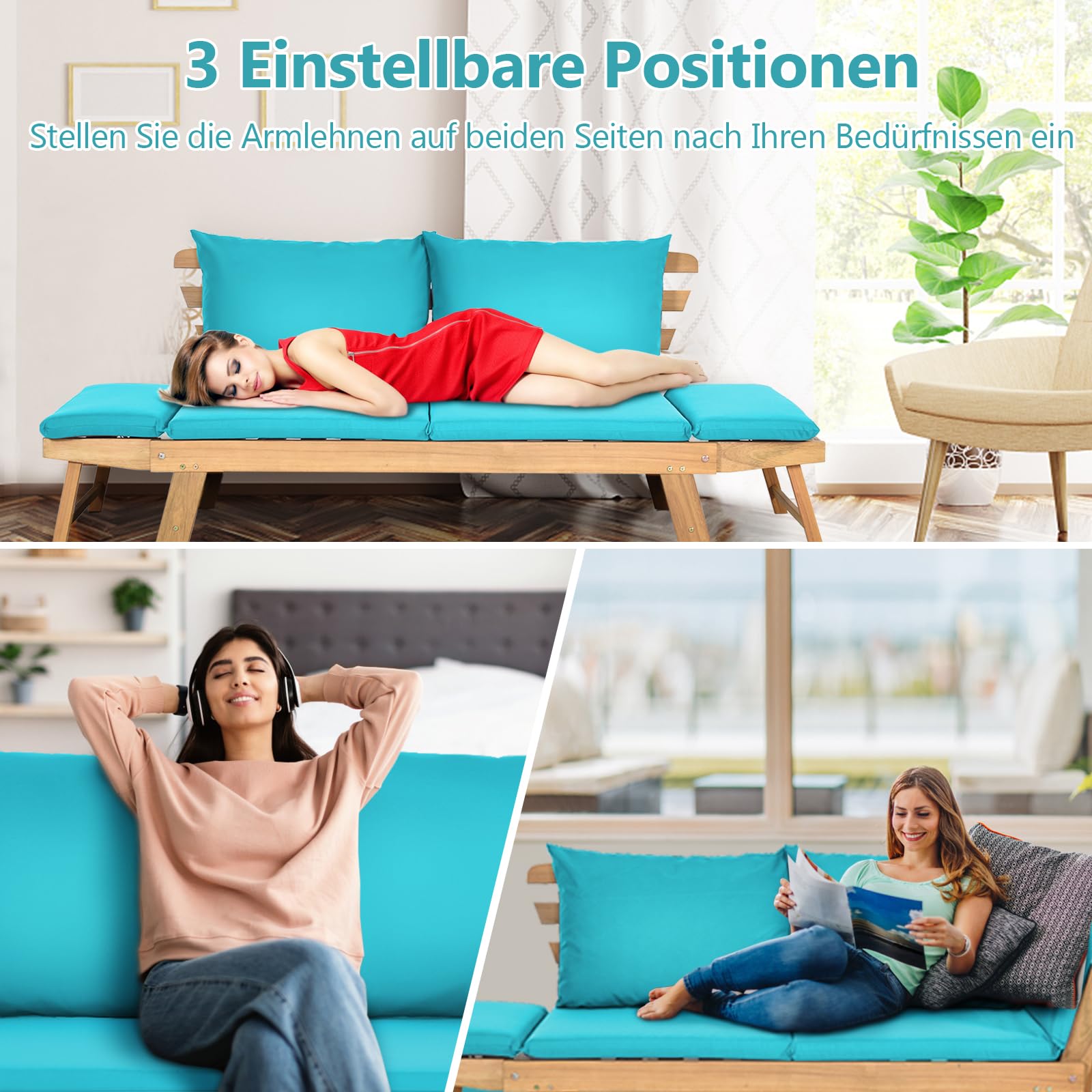 GIANTEX Liegesofa mit klappbaren Seitenlehnen, Gartenbank Sitzbank mit Auflagen, Sonnenliege Gartenliege aus Akazienholz, Multifunktionsbank Balkonbank Parkbank Gartenmöbel, grau/beige (Türkis)