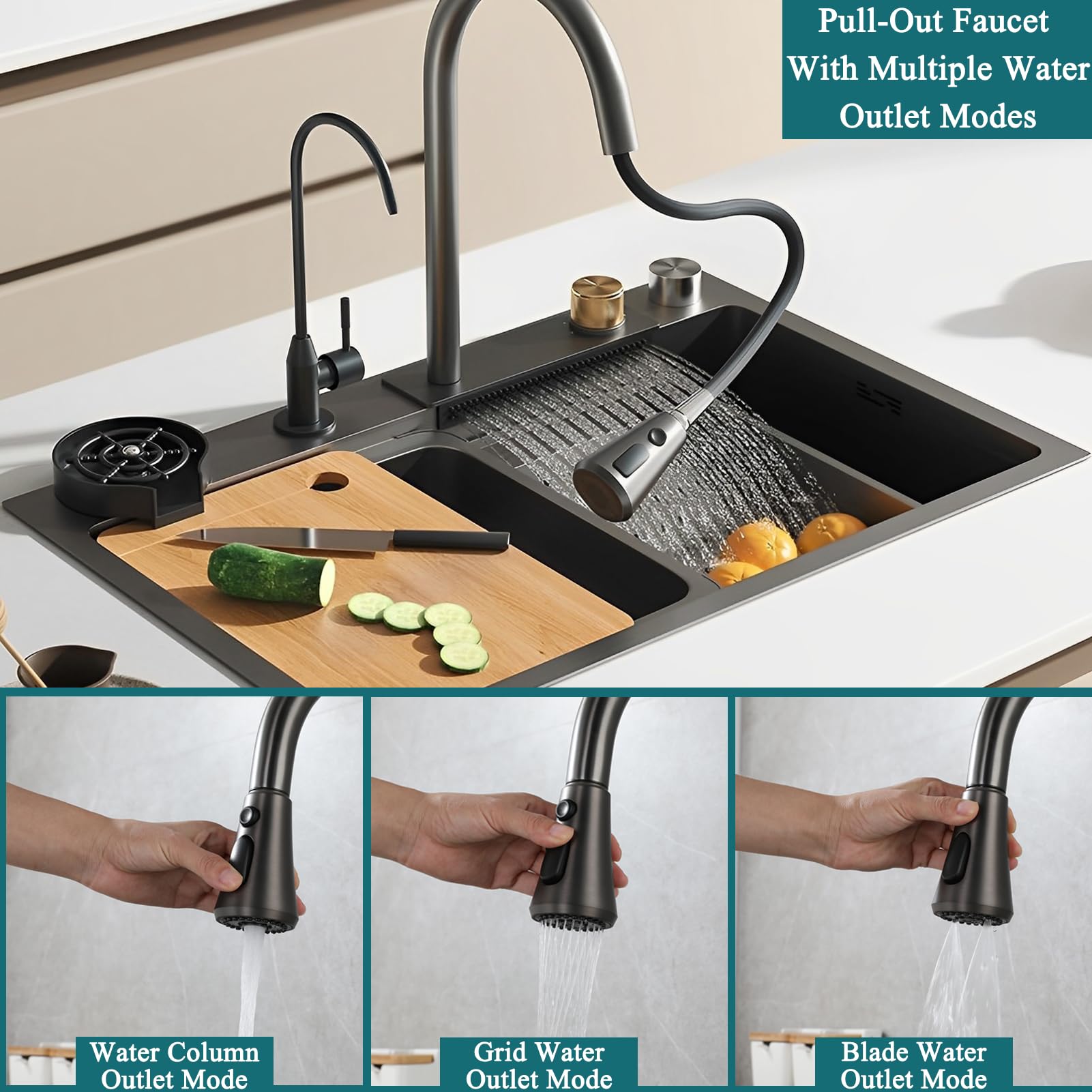Fregadero de cocina de 85 x 50 cm, de montaje superior, de acero inoxidable, con lavabo individual, multifuncional, con grifo extraíble y accesorios completos