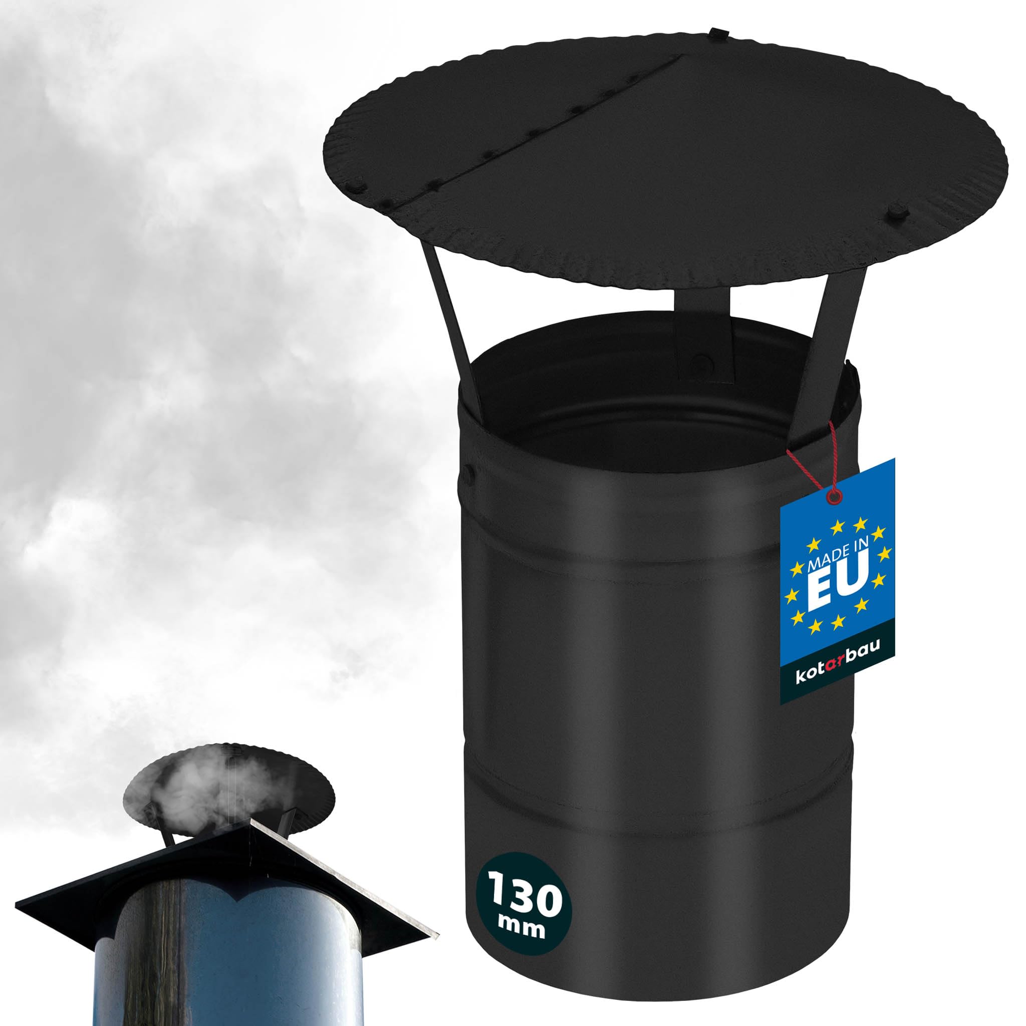 KOTARBAU® Chimney Cow - Chimney Cap - Galvanized and Powder-Coated Steel - ø 130 mm (5.12 in) - Black - Flue Rain Cap - Flue Cowl - Rust Resistant - Rain Hat