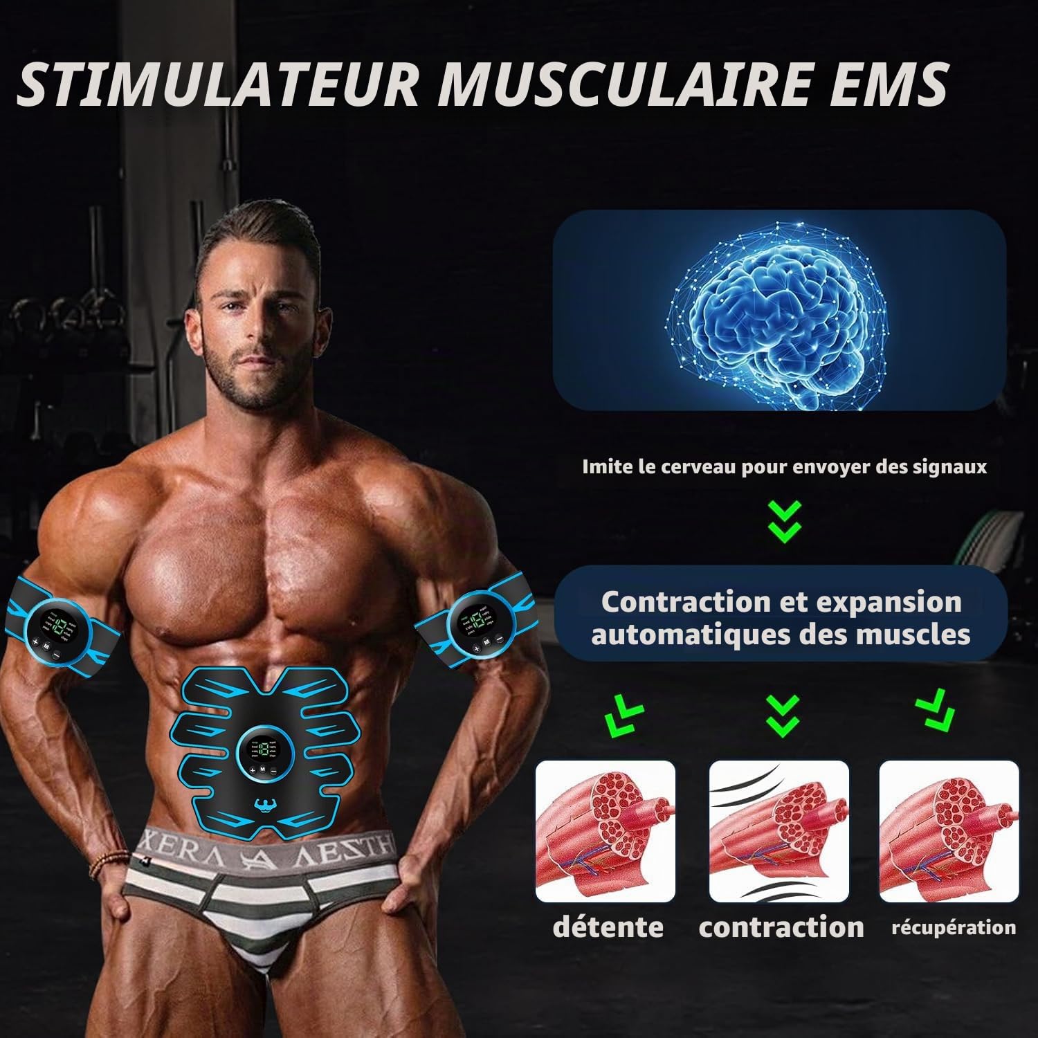 EMS Abdominale Electrostimulation,8 Modes et 19 Intensités,Rechargeable par USB,EMS Stimulateur Appareil LCD Display,pour Abdos/Bras/Jambes/Fesses,Homme Femme