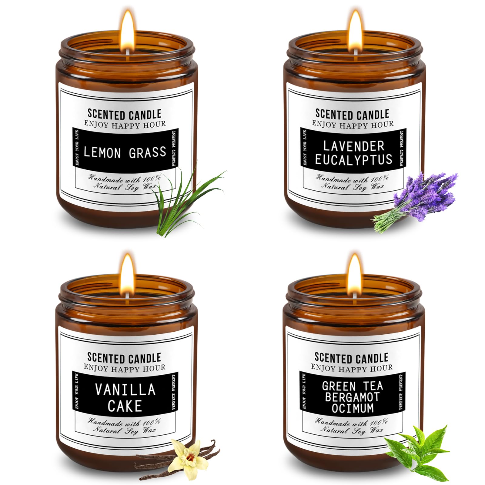 Vela perfumada prémium (M-4 piezas, eucalipto y lavanda/té verde y bergamota ocímum/hierba de limón/pastel de vainilla)