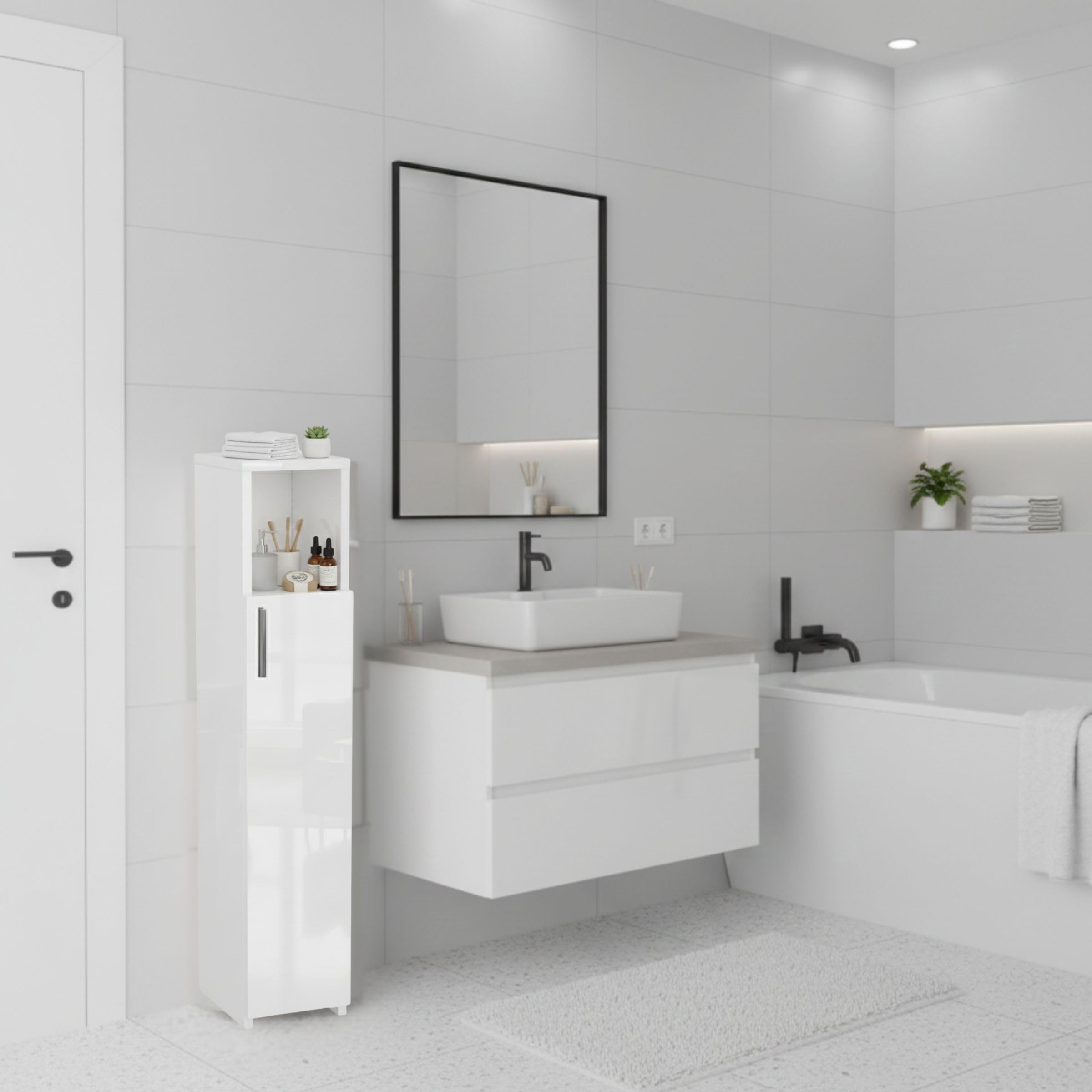 Badschrank Schmal, Badezimmerschrank, Hochglanz Weiß | Freistehender Aufbewahrungsschrank, Regal für Bad, Küche und Wohnzimmer