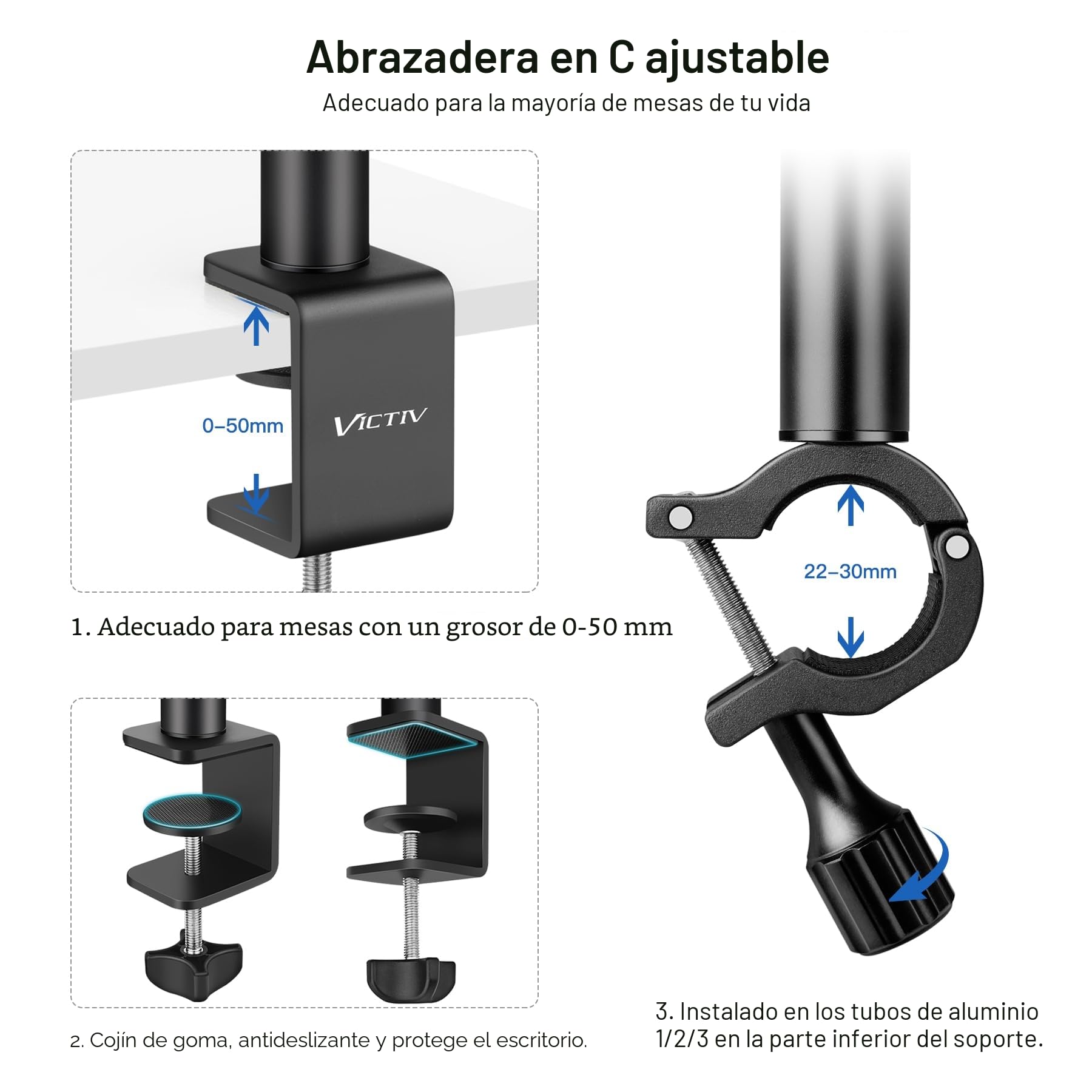Victiv Aluminio Soporte de Cámara de Escritorio con Brazo Extensible, Tripode de Cabeza Esférica con Rosca de 1/4", Clamp C Soporte para Smartphones, Cámaras DSLR, Anillos Luminosos, Webcams