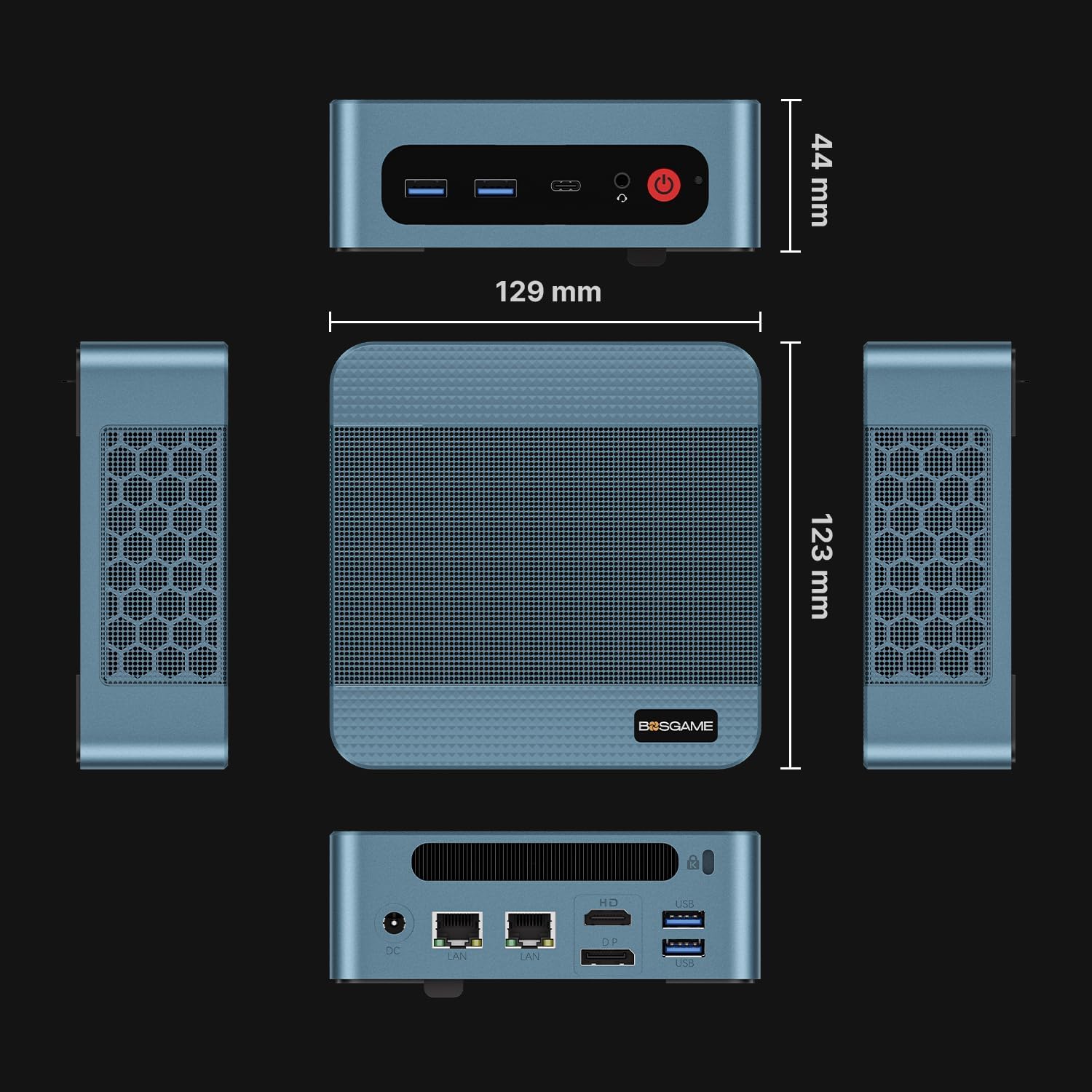 Dimensions of the BOSGAME P2 Mini PC, showing its compact size of 129mm x 123mm x 44mm.