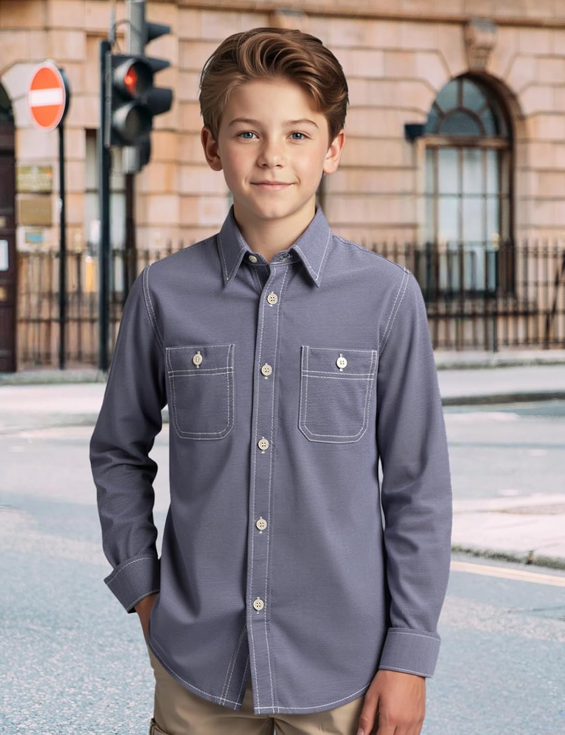Spring&Gege Boys' Long Sleeve Chambray Shirt Casual Cotton Woven Button Down Shirt with Two Pockets - Image 2