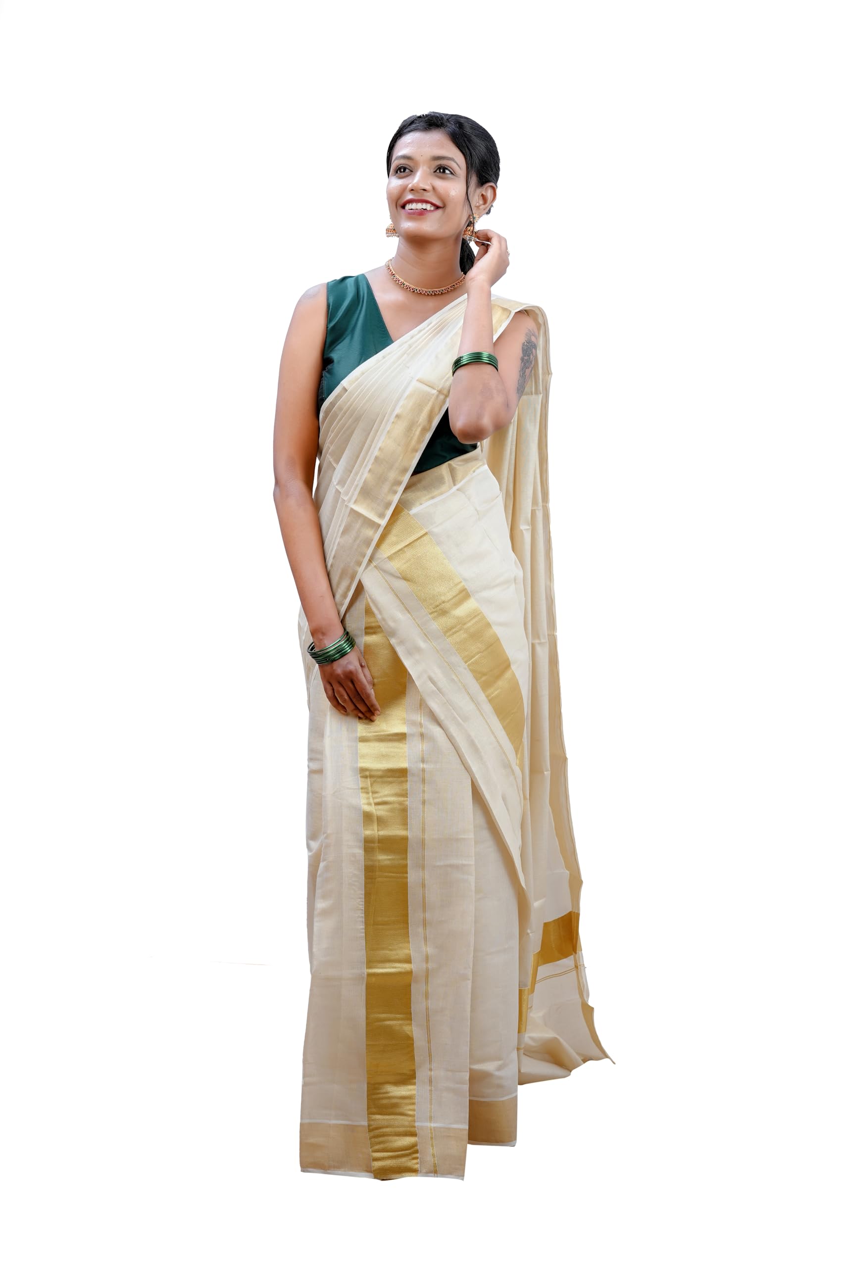 Iva Fashion Kerala Tissue Cotton Double Set Mundu For Women In 3" Golden Kasavu