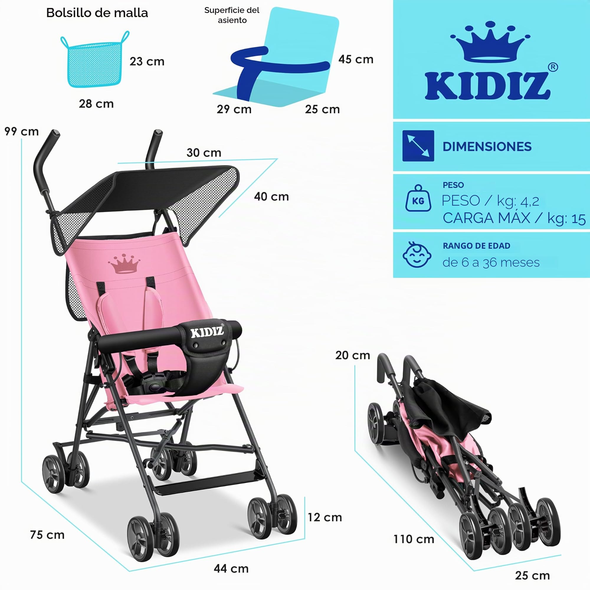 KIDIZ® Silla de paseo CITY Buggy, silla de paseo infantil plegable y reclinable, silla de paseo plegable 360°, ruedas de 4 pulgadas, Incl. capota plegable para el sol y la lluvia