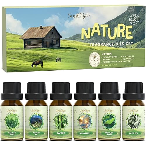Nature Fragrance Oils Set, Essential Oil Gift Set for Diffuser, Natural Scent Diffuser Oil for Candle Making-Fresh Cut Grass, Mountain Air, Bamboo, Ocean Breeze, Fresh Lotus Leaf, White Tea