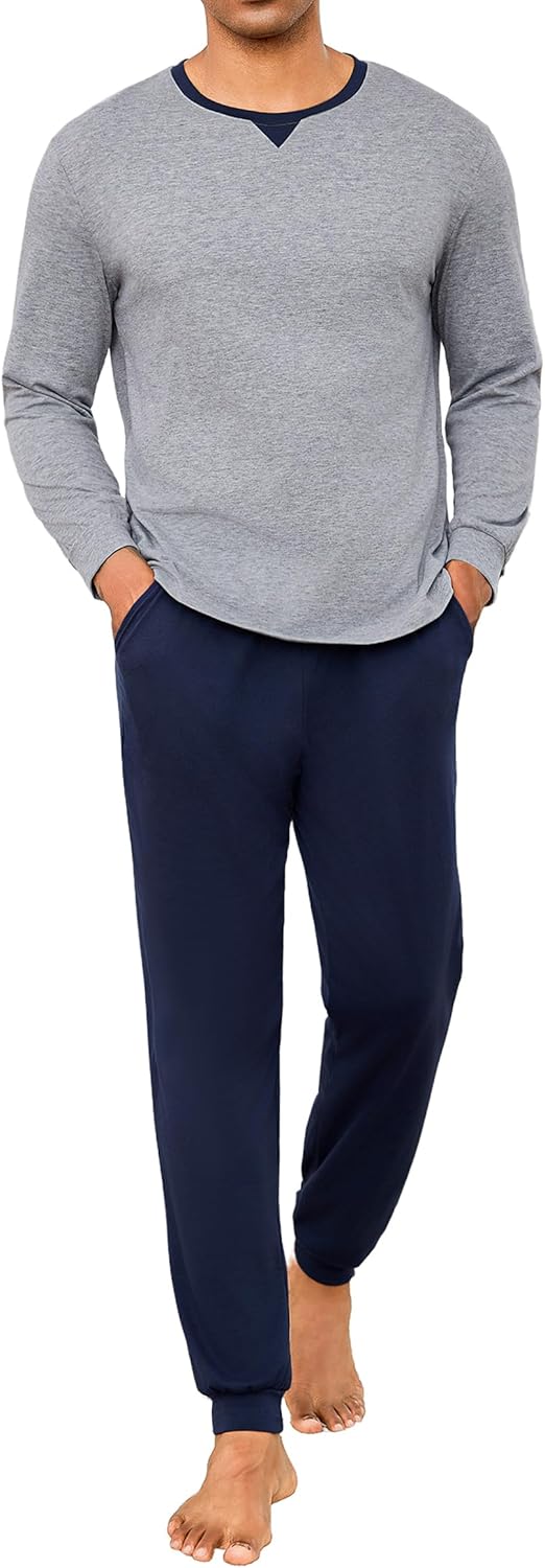 Marvmys Lange winterpyjama voor heren van katoen, tweedelig, met knopen, lange broek, pyjama met zakken, comfortabel, casual, B-grijs medium, XXL