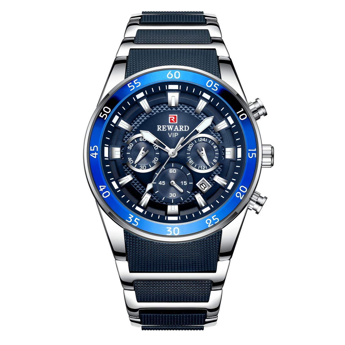 Reward Men's Luxury Chronograph Watch, Blue Dial, Stainless Steel Case, Silicone Band, Waterproof Sport Wristwatch with Date Display Stainless Steel and Silicone Strap Silvery Blue