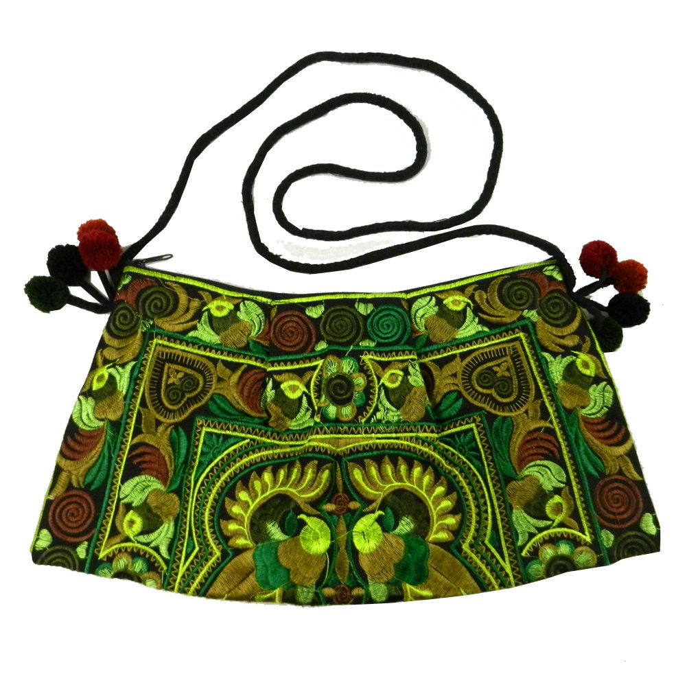 BTP! HMONG Bag Swingpack Hill Tribe Ethnic Bird Embroidered Sling Crossbody Shoulder Purse Green HMSP6