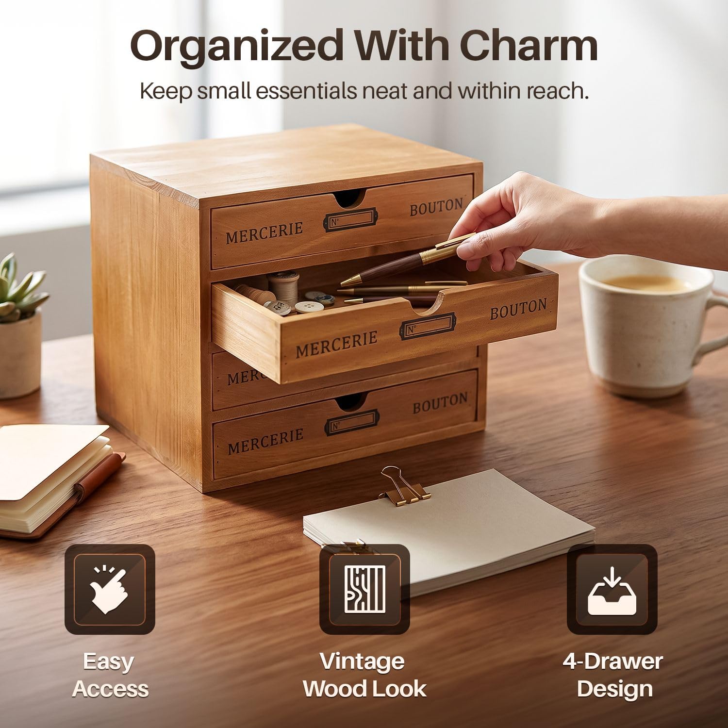 Flexzion Organizador de suministros de oficina de escritorio de madera con 4 cajones de almacenamiento, gabinete de mesa de madera de 4 niveles, decoración de vanidad, herramienta de arte y correo