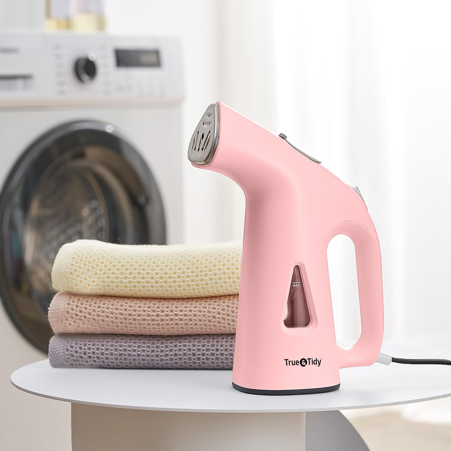 True & Tidy® Steamer for Clothes, Portable Handheld Garment Fabric Wrinkles Remover, 800 watts of steam, Stainless Steel Steam Plate, Pink