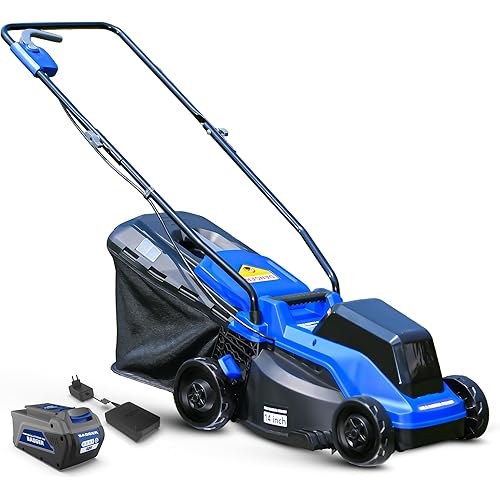 Wild Badger Power Electric Lawn Mower 40V Brushless 14" Cordless&Push, 5 Cutting Height Adjustment, 4Ah Battery and Super Charger, Blue
