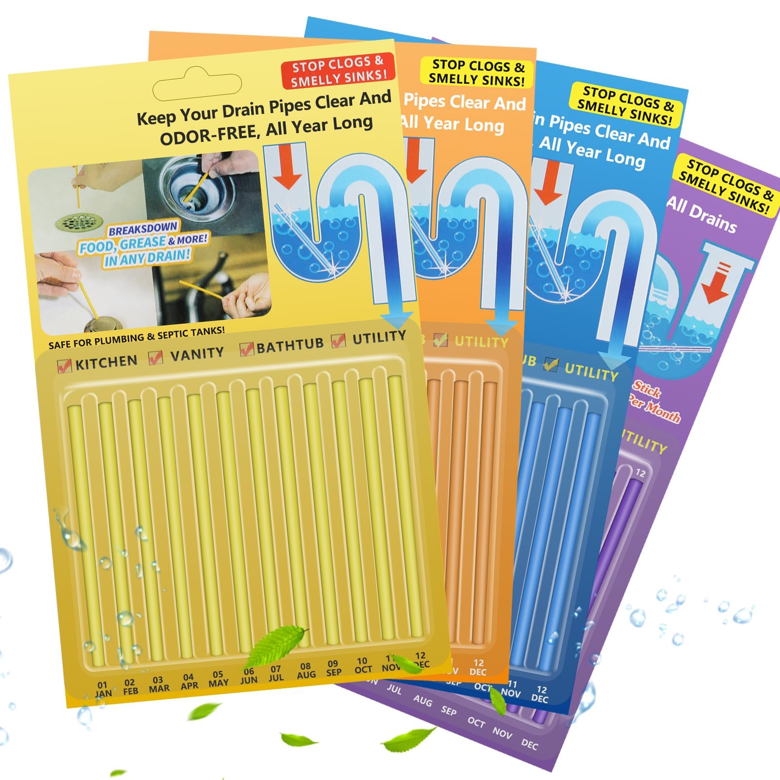 KASTWAVEDrain Cleaner Sticks, 48 Strips Disposal Cleaner & Deodorizer,Eliminate Unpleasant Odors, Prevent Clogged Drains Safe for Sinks, Bathtub Drains, Septic Tanks