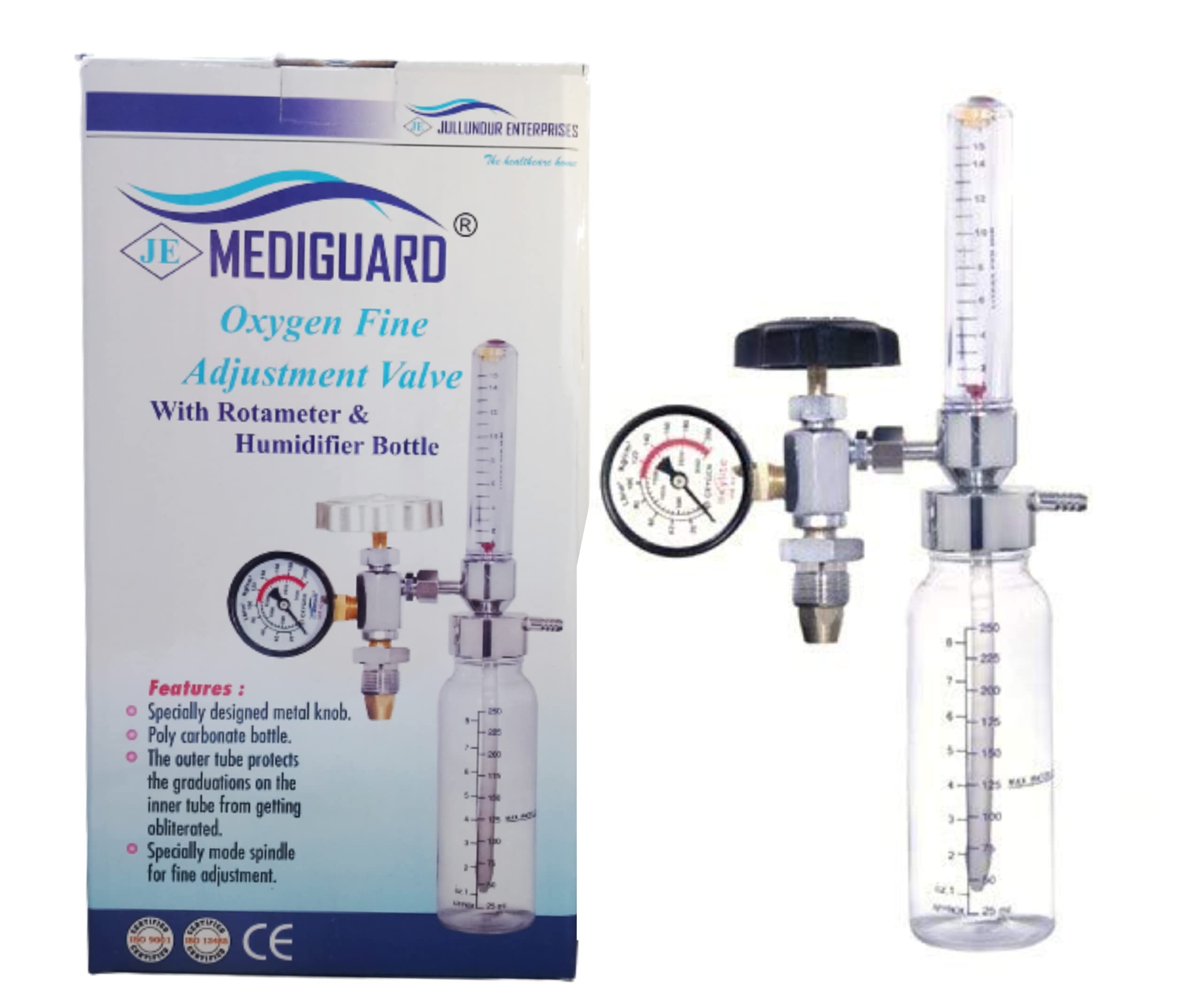 MEDIGUARD Oxygen Flowmeter for Cylinder with Rotameter & Humidifier Bottle with Oxygen Cylinder Key & Oxygen Mask Adult 2