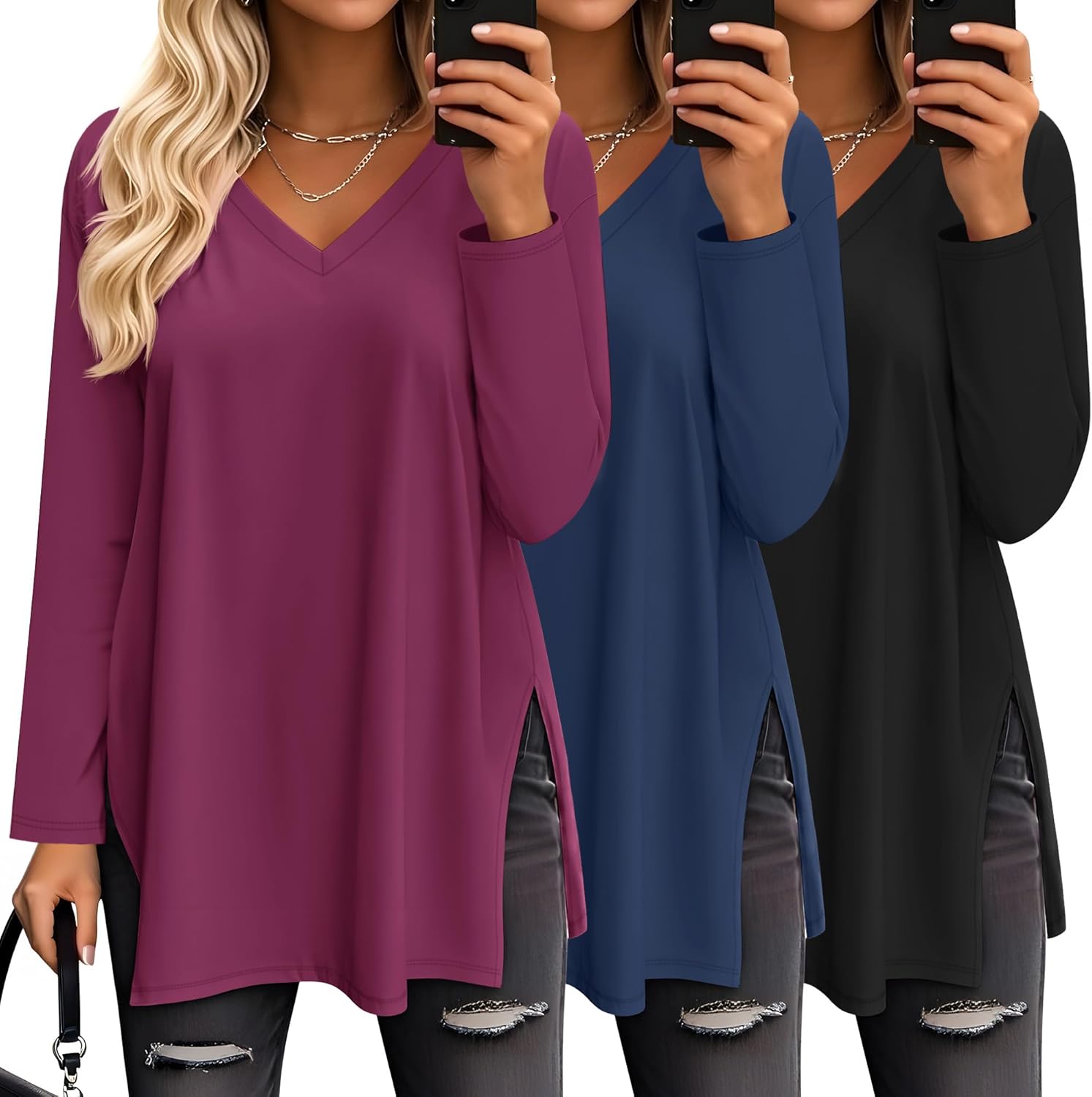 Huukeay 3 Pack Womens Oversized Long Sleeve T Shirts V Neck Knit Casual Workout Tunic Tops Side Split Loose Basic Tees