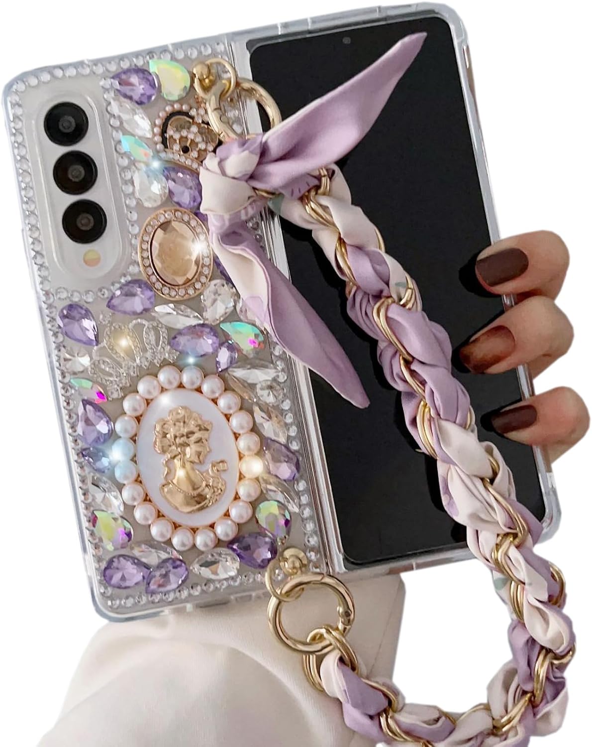Case for Samsung Galaxy Z Fold 7 5G, Cute Luxury Glitter Bling 3D Crystal Queen Rhinestone Full Diamond Cover with Silk Scarf Wristband Chain – Stylish Protective for Women & Girls