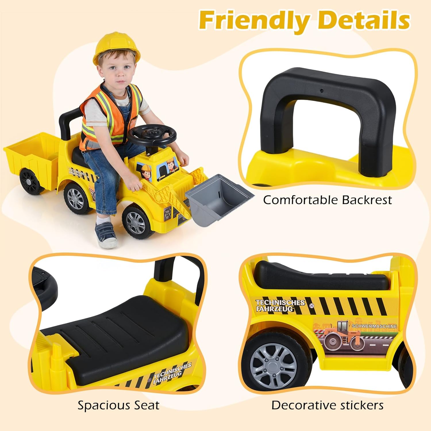 OLAKIDS 3-in-1 Ride on Bulldozer with Adjustable Bucket, Detachable Trailer, Under Seat Storage, Engine Sound, Music and Horn, Pretend Play Excavator Construction Car for Toddlers