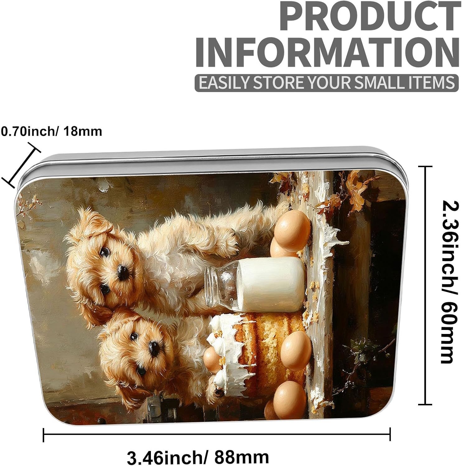 Mini Pocket Metal Tin with Lid, Two Puppies With Cake And Milk 3.5"x2.4"x0.7" Small Portable Pill Box & Mint Case - Cute EDC Travel Organizer for Earbuds, Jewelry & Coins image 3