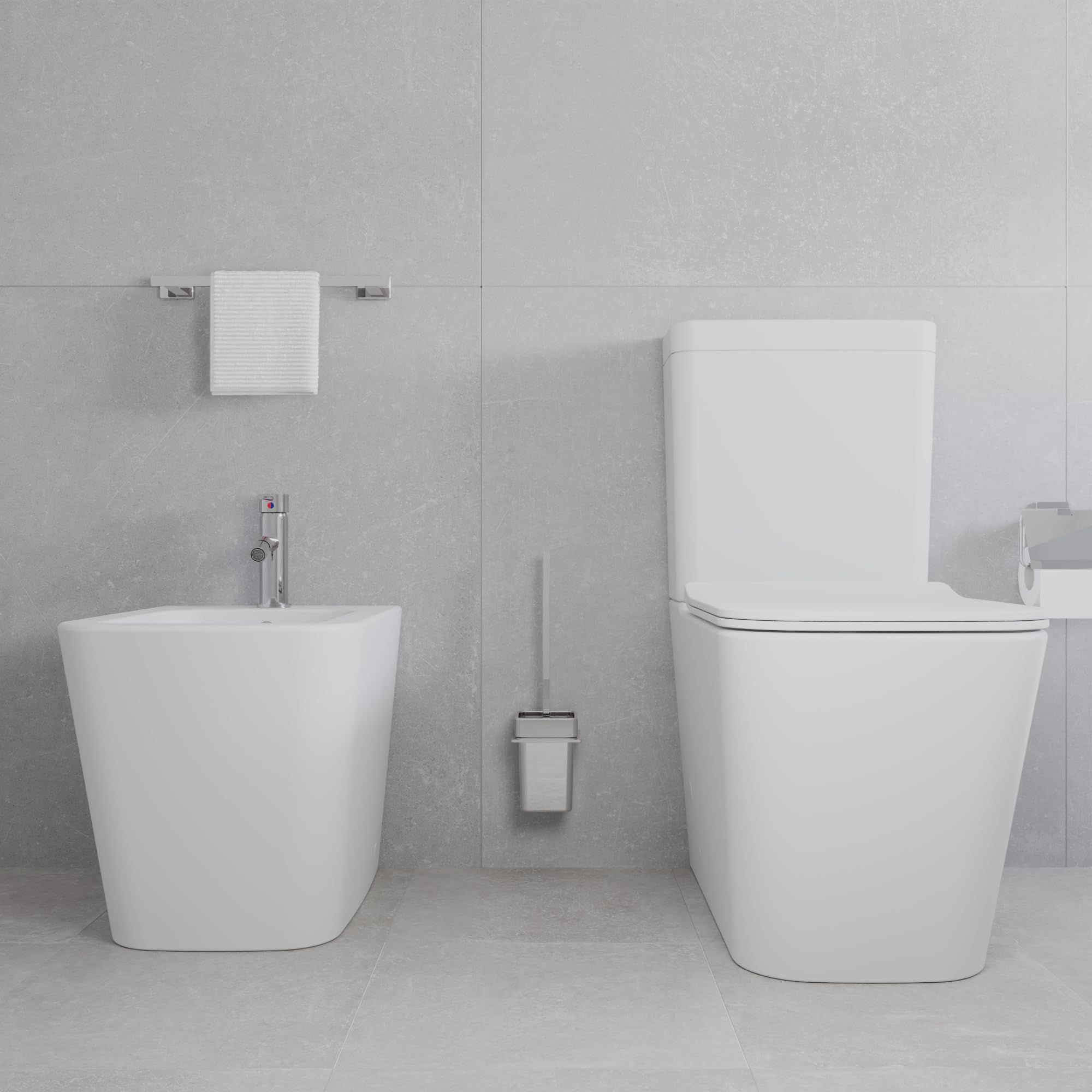 Coppia di sanitari filomuro vaso monoblocco rimless e bidet bianco opaco | Londra