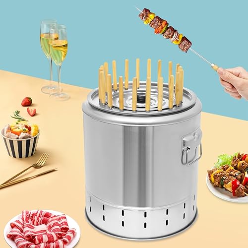 Barril Para Asar Carne - Parrilla para kebab de carbón envolvente de acero inoxidable con 20 pinchos y parrilla de barbacoa, diámetro de 13.3