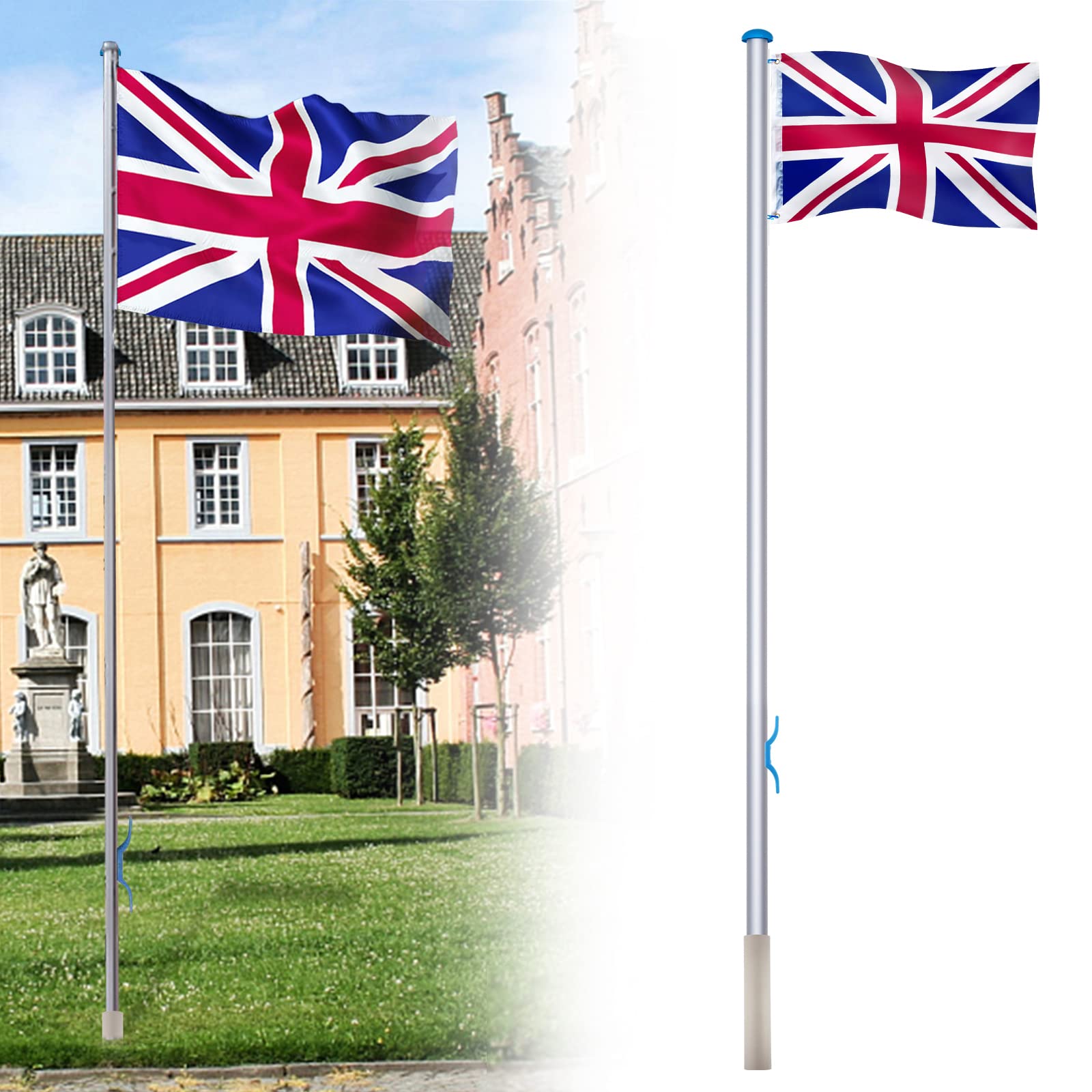 Aufun 21.33 ft Aluminium Flag Pole Kit with Pulley, Ground Sleeve, Pull Rope, Locking Hook, 4.92 ft x 2.62 ft Germany Flag, 5 Different Height-Adjustable, for Residential, Yard, and Commercial Use