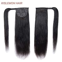 Vista 5 de Extensiones de cola de caballo de cabello humano lacio, color negro natural, pasta mágica envolvente, extensiones de cabello Remy 100% real