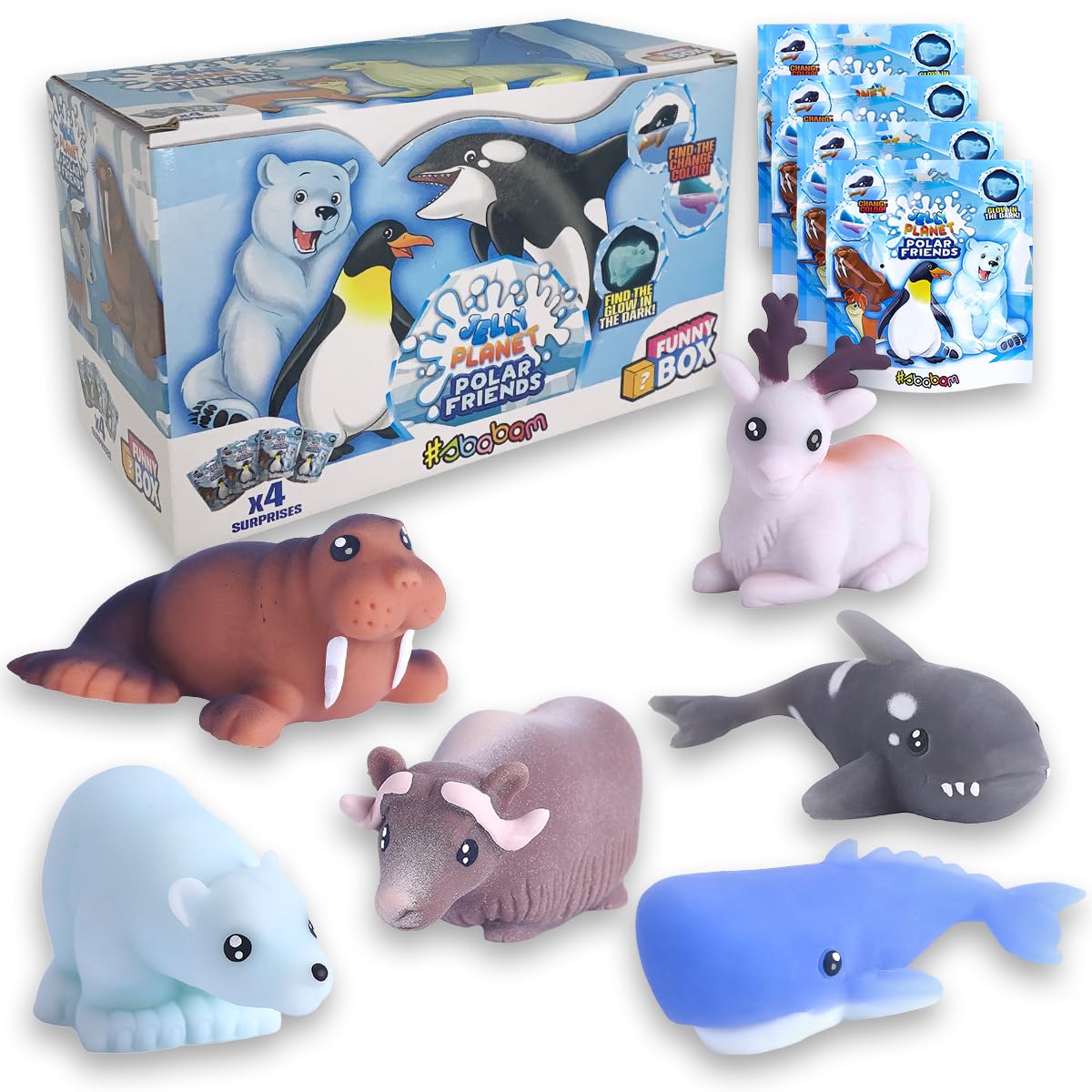 Sbabam FUNNY BOX Polar Friends Jelly Planet, gry dla dzieci z kioskiem, miękkie zabawki dla dzieci, 4 sztuki, znajdź zmianę koloru i świecące w ciemności - zabawka prezent dla dziecka