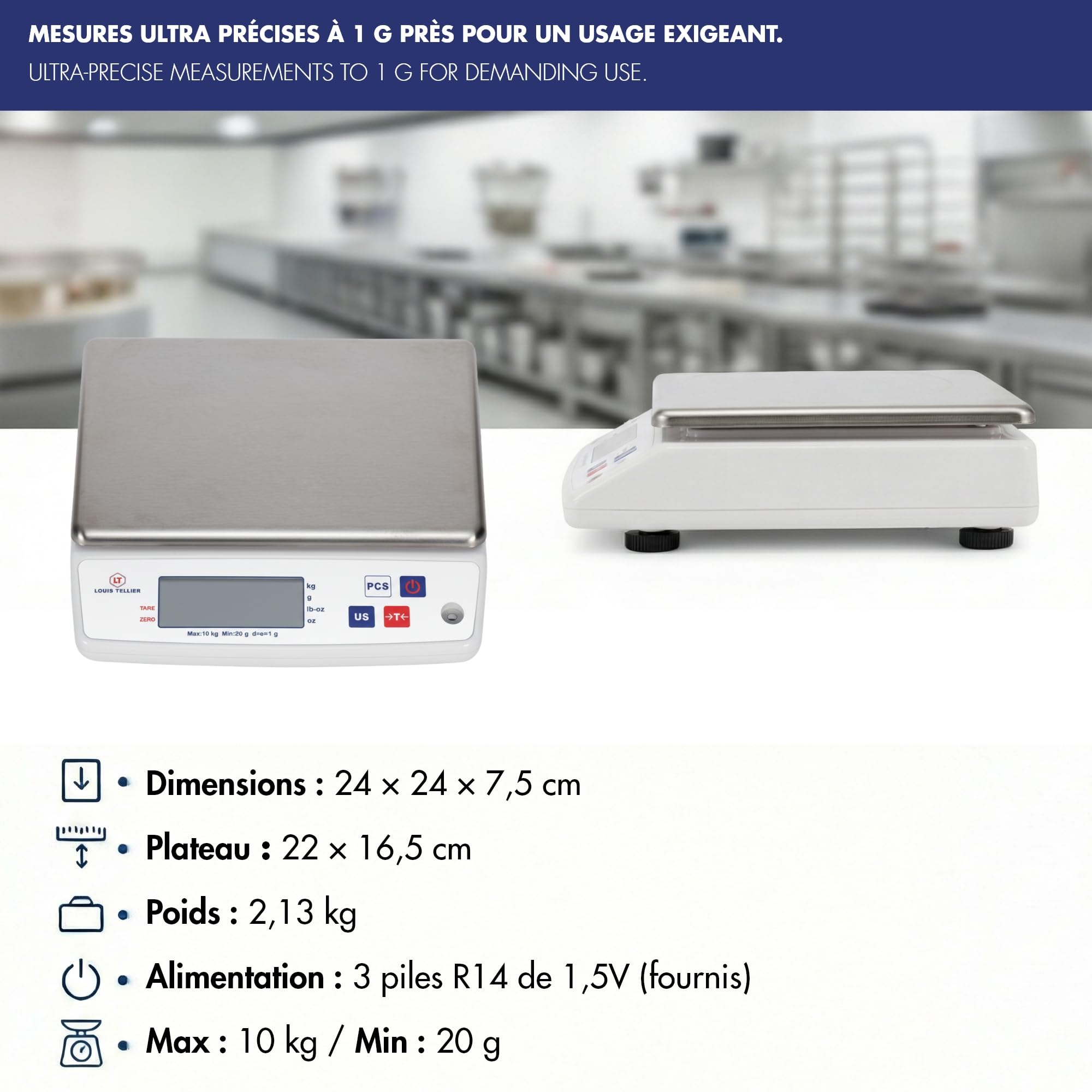 LOUIS TELLIER - Balance Électronique Professionnelle - IP53 - Alimentaire - Cuisine - Boulangerie - Charcuterie - Multifonction - Plateau Inox Amovible - 22 x 16,5 cm - 10 kg - Précision 1 g