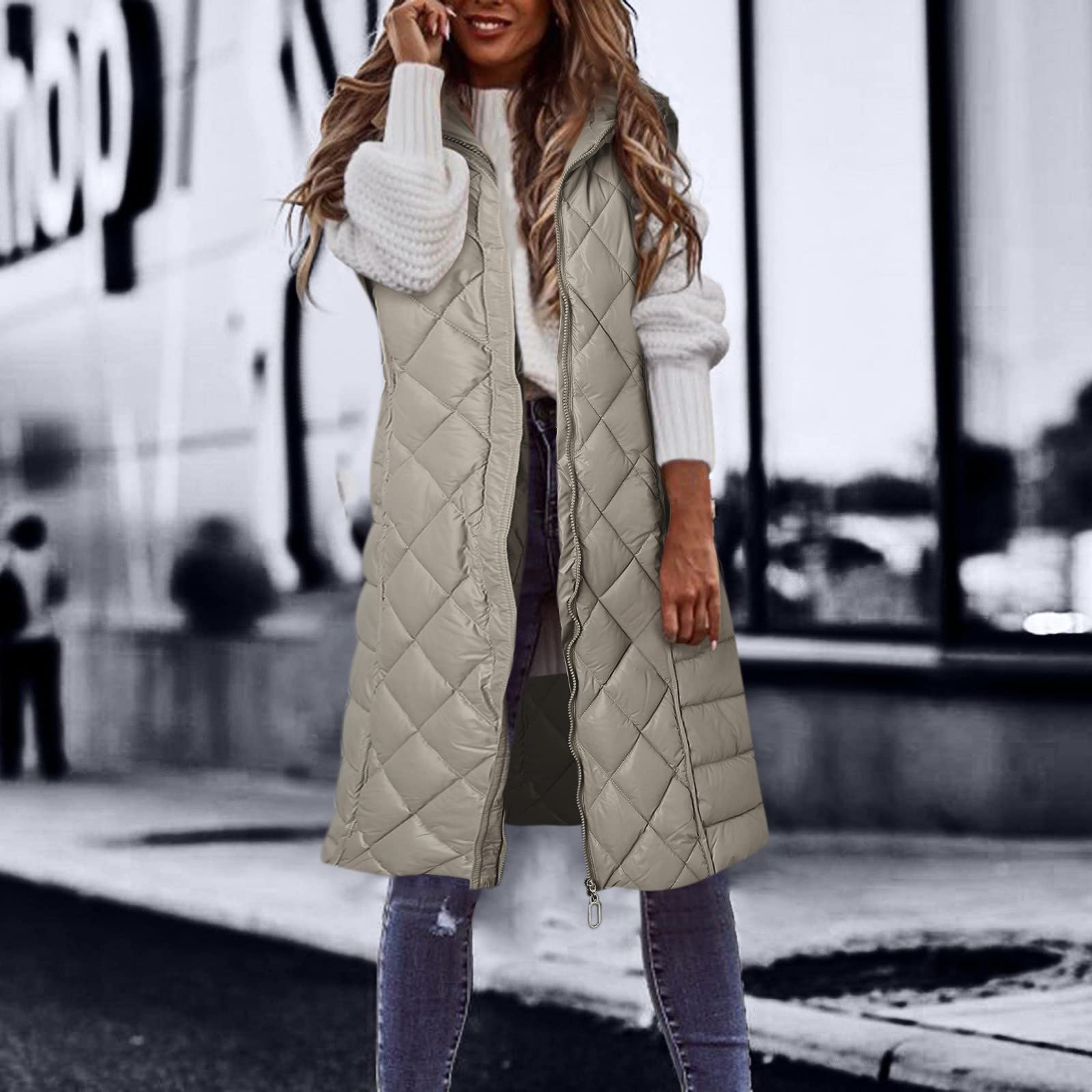 Doudoune sans Manches Femme avec Capuche, Veste Matelassée Femme Automne Hiver Chaud Veste Chauffante À Capuche Longue Zippée Hooded Automne Hiver Extérieure À Courtepointe Blouson Capuche Gilet