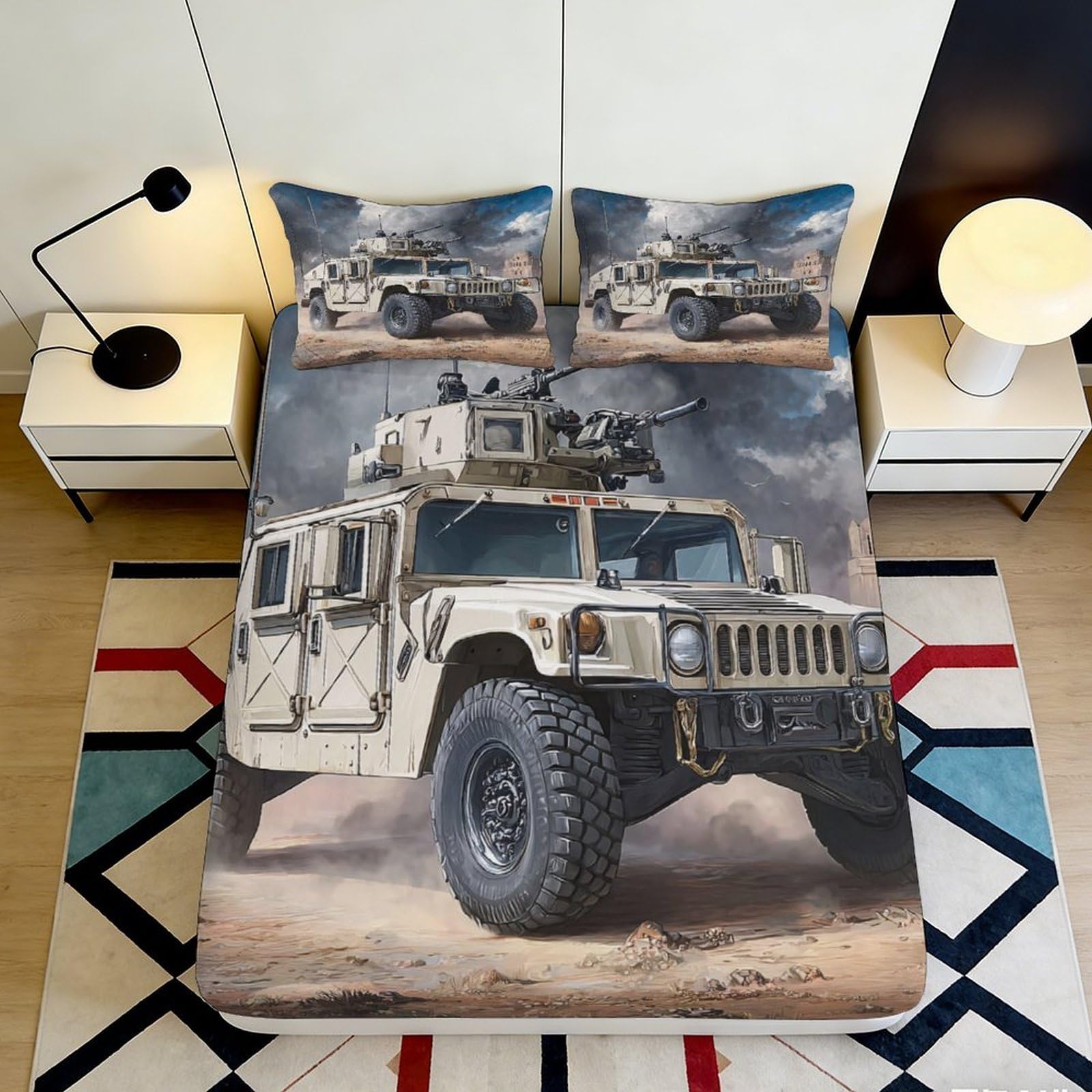 3D Printed Military Vehicle Fitted Sheet Microfiber Soft Breathable Army Truck Bed Cover for Bedroom Dorm Decor 90x200x25cm