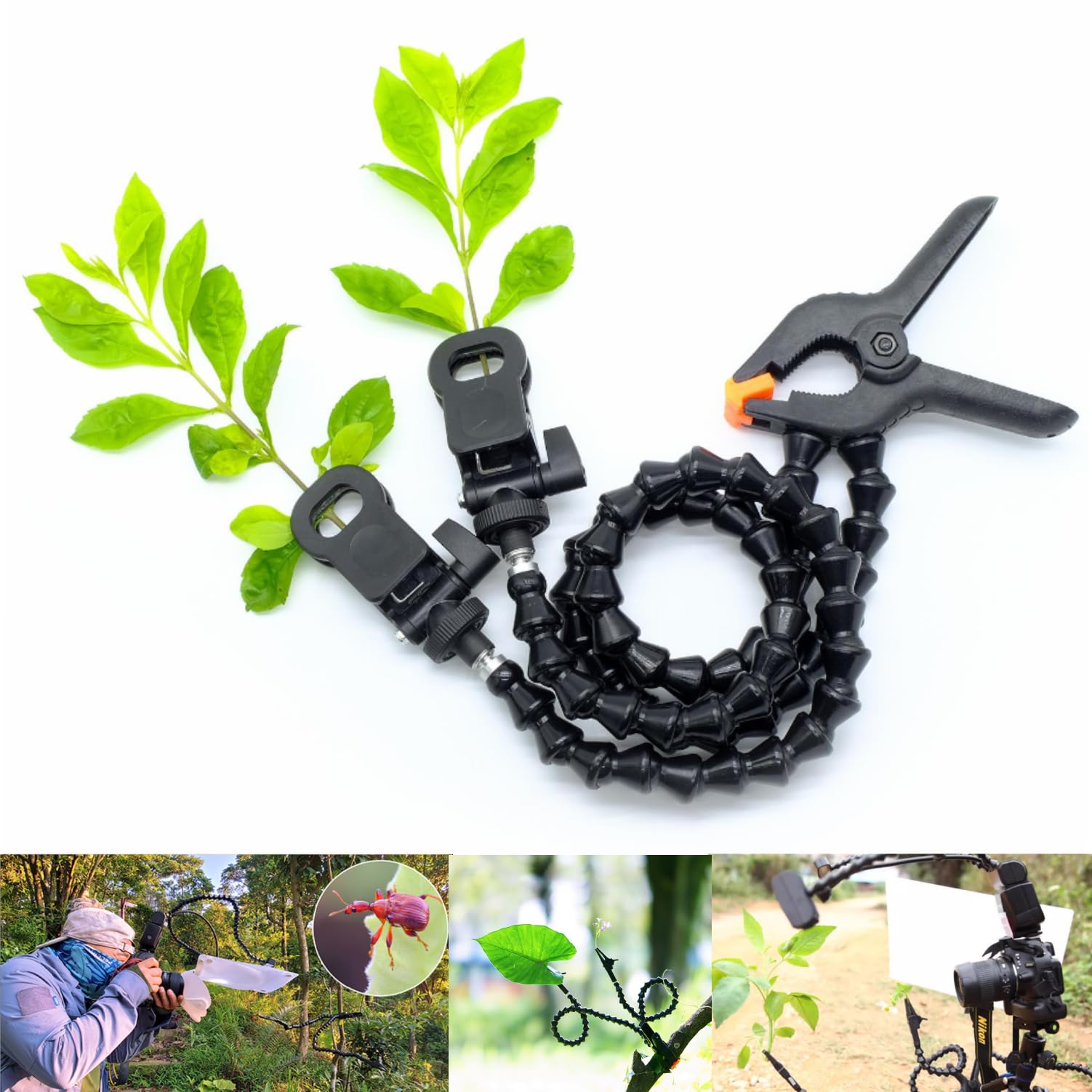 Pince macro 60 cm avec clip rotatif à 360° réglable pour insectes, fleurs et arrière-plans (double tube)