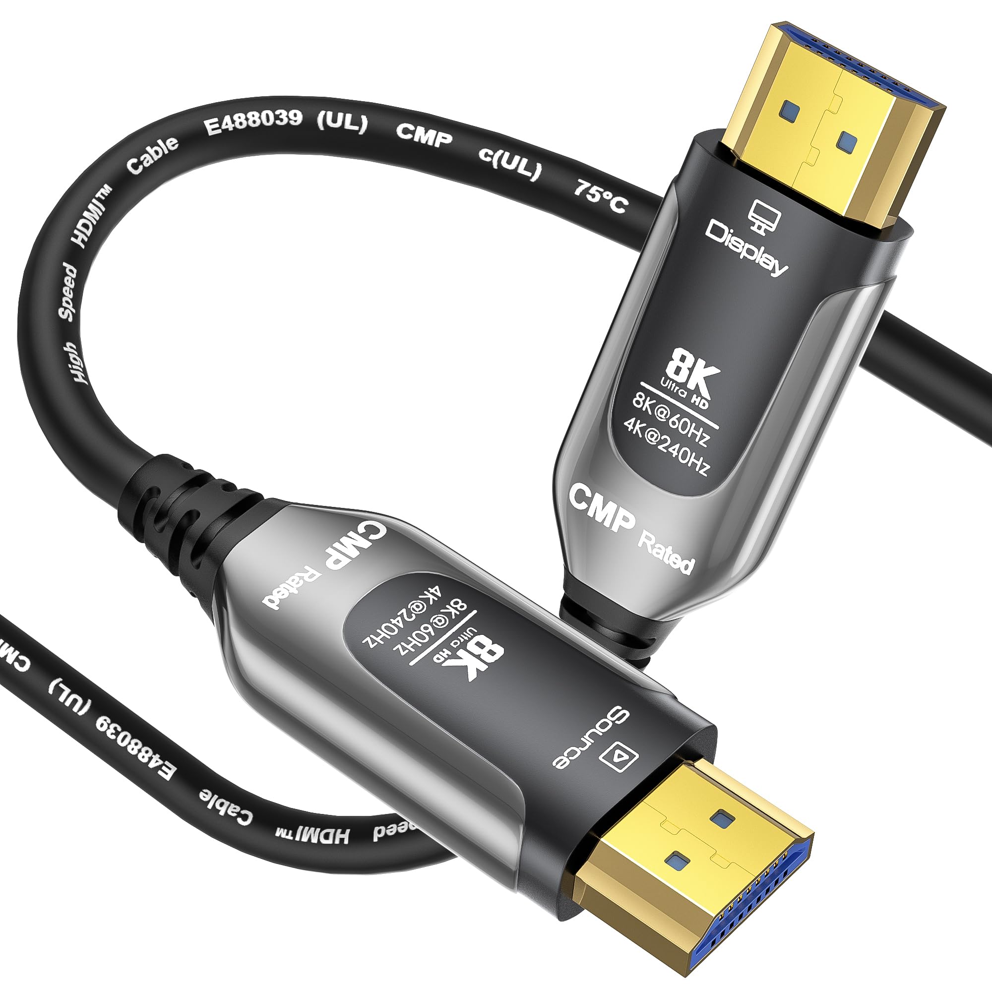 Cavo a fibra ottica HDMI 2.1 nominale Plenum (CMP) 50FT-8K 48Gbps | Cavi Plenum-Rated per tubi, supporta 8K@60Hz e 4K @240Hz, HDR dinamico, per PS5, Xbox Series X/S, TV, monitor